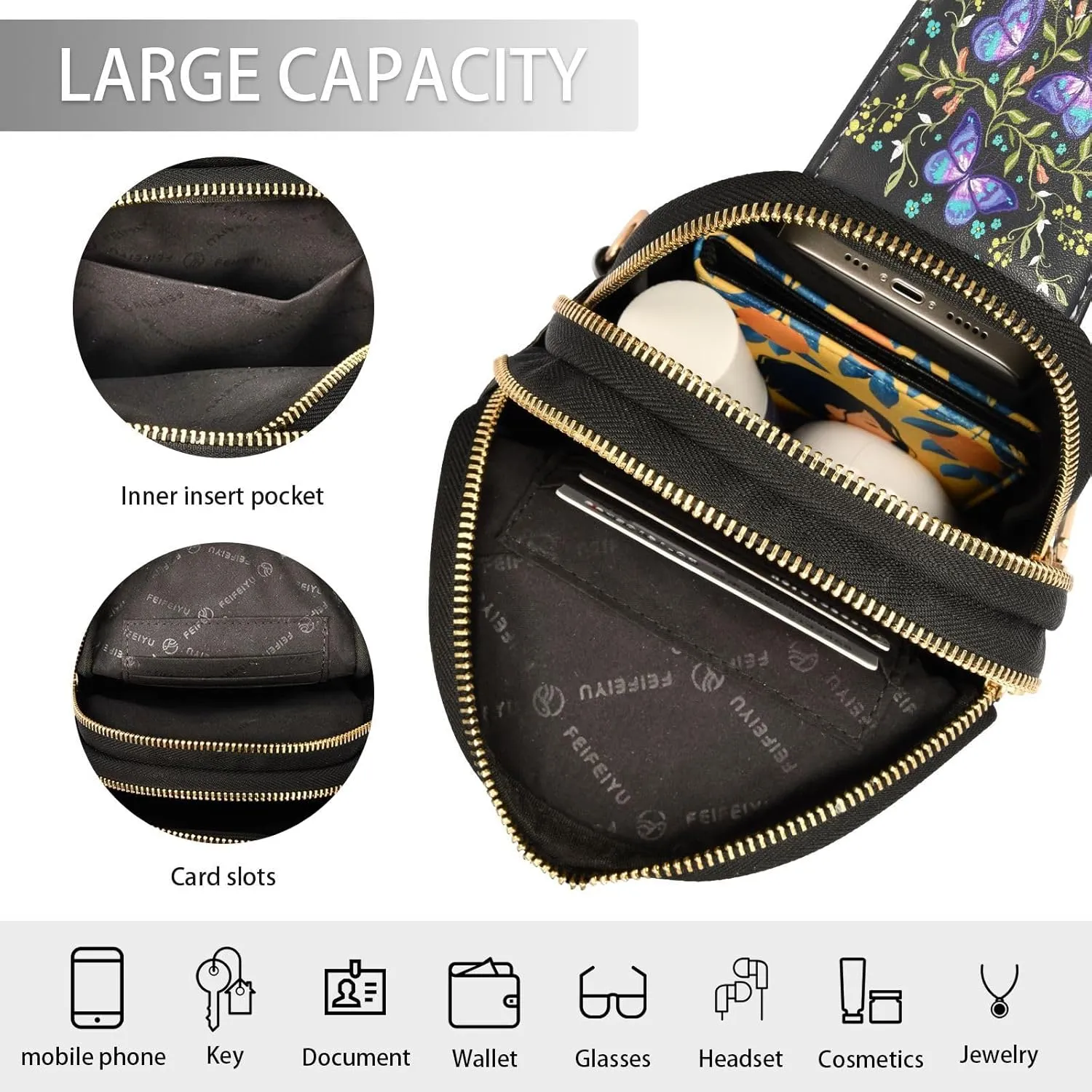 Small Sling Bag for Women Crossbody Floral Flowers Butterflies Fashion Leather Crossbody Bag for Women Embroidery Pattern Trendy Crossbody Purse Fanny Pack with Adjustable Guitar Strap Outfit