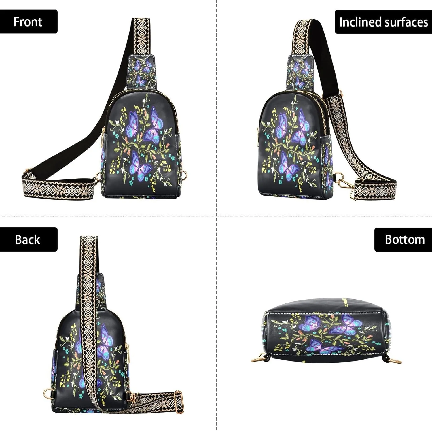Small Sling Bag for Women Crossbody Floral Flowers Butterflies Fashion Leather Crossbody Bag for Women Embroidery Pattern Trendy Crossbody Purse Fanny Pack with Adjustable Guitar Strap Outfit