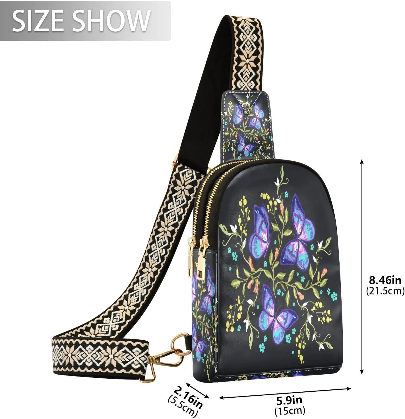 Small Sling Bag for Women Crossbody Floral Flowers Butterflies Fashion Leather Crossbody Bag for Women Embroidery Pattern Trendy Crossbody Purse Fanny Pack with Adjustable Guitar Strap Outfit