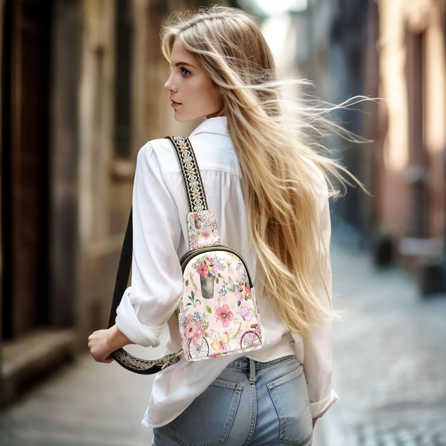 Small Sling Bag for Women Crossbody Spring Flowers Bicycle Trendy Crossbody Bag Fanny Pack with Guitar Strap Pink Butterfly Leather Chest Bag for Women Travel Outdoor Outfit