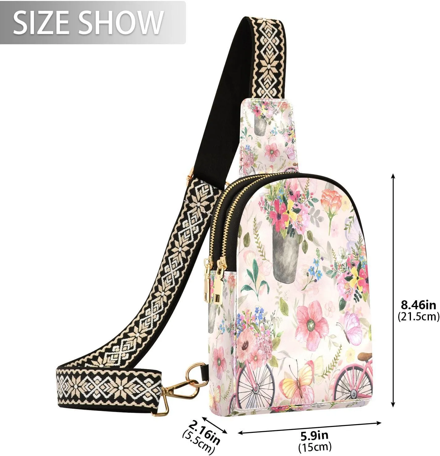 Small Sling Bag for Women Crossbody Spring Flowers Bicycle Trendy Crossbody Bag Fanny Pack with Guitar Strap Pink Butterfly Leather Chest Bag for Women Travel Outdoor Outfit