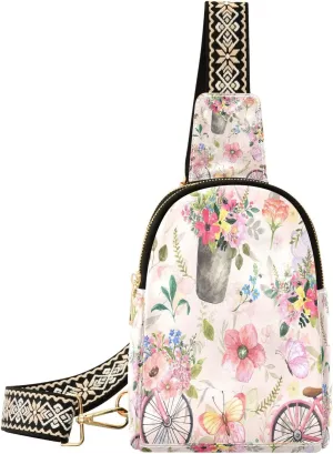 Small Sling Bag for Women Crossbody Spring Flowers Bicycle Trendy Crossbody Bag Fanny Pack with Guitar Strap Pink Butterfly Leather Chest Bag for Women Travel Outdoor Outfit