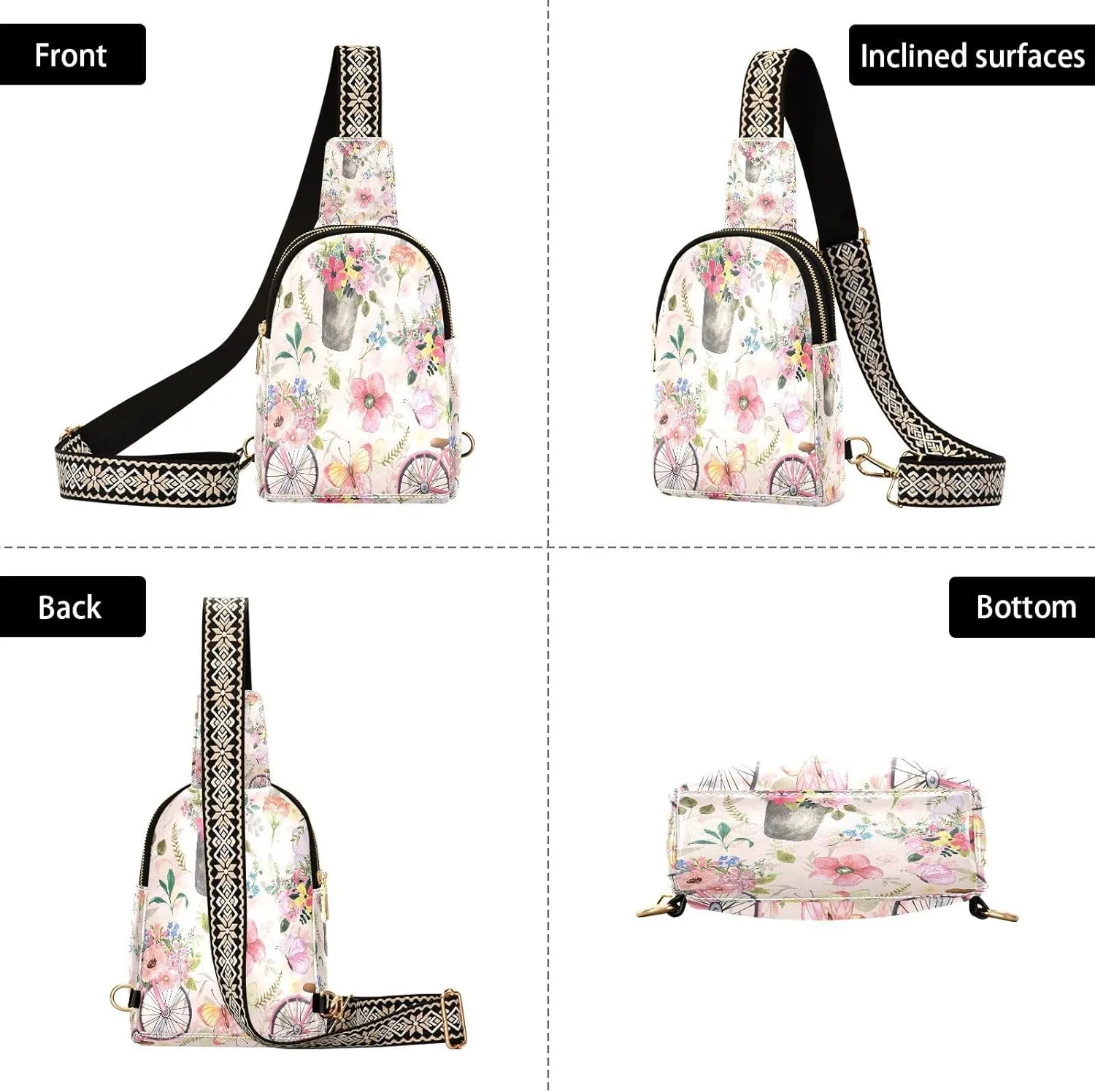 Small Sling Bag for Women Crossbody Spring Flowers Bicycle Trendy Crossbody Bag Fanny Pack with Guitar Strap Pink Butterfly Leather Chest Bag for Women Travel Outdoor Outfit