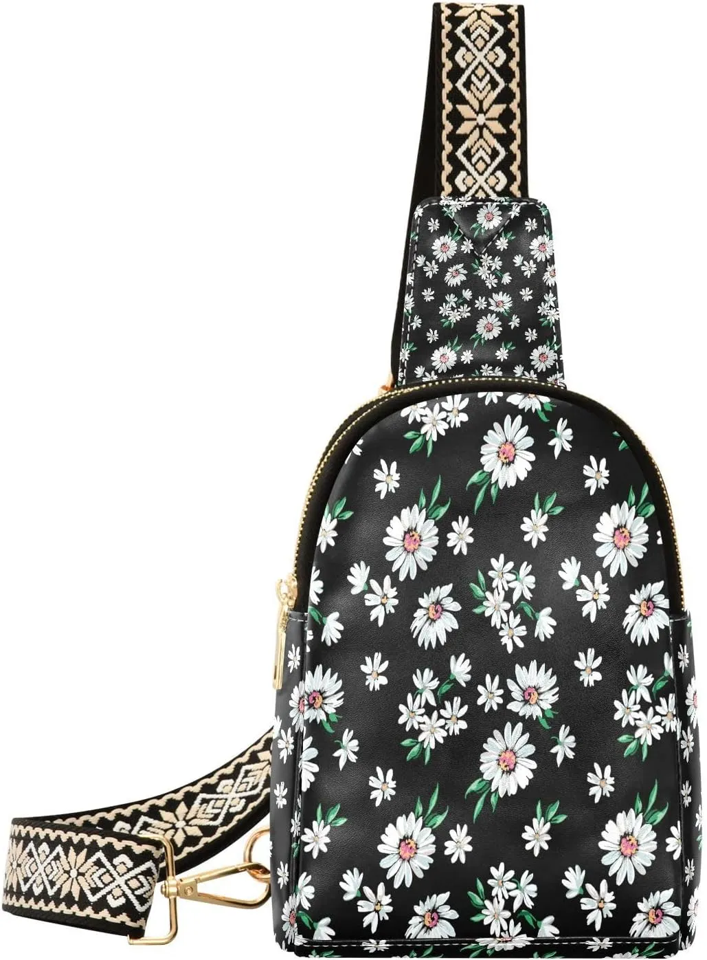 Small Sling Bag for Women Crossbody WIFU Little Daisy Print Trendy Crossbody Bag Fanny Pack with Guitar Strap Leather Chest Bag for Women Travel Running Outdoor Outfit