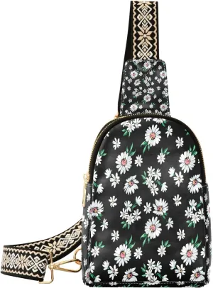 Small Sling Bag for Women Crossbody WIFU Little Daisy Print Trendy Crossbody Bag Fanny Pack with Guitar Strap Leather Chest Bag for Women Travel Running Outdoor Outfit