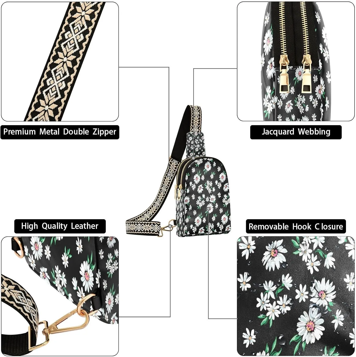 Small Sling Bag for Women Crossbody WIFU Little Daisy Print Trendy Crossbody Bag Fanny Pack with Guitar Strap Leather Chest Bag for Women Travel Running Outdoor Outfit