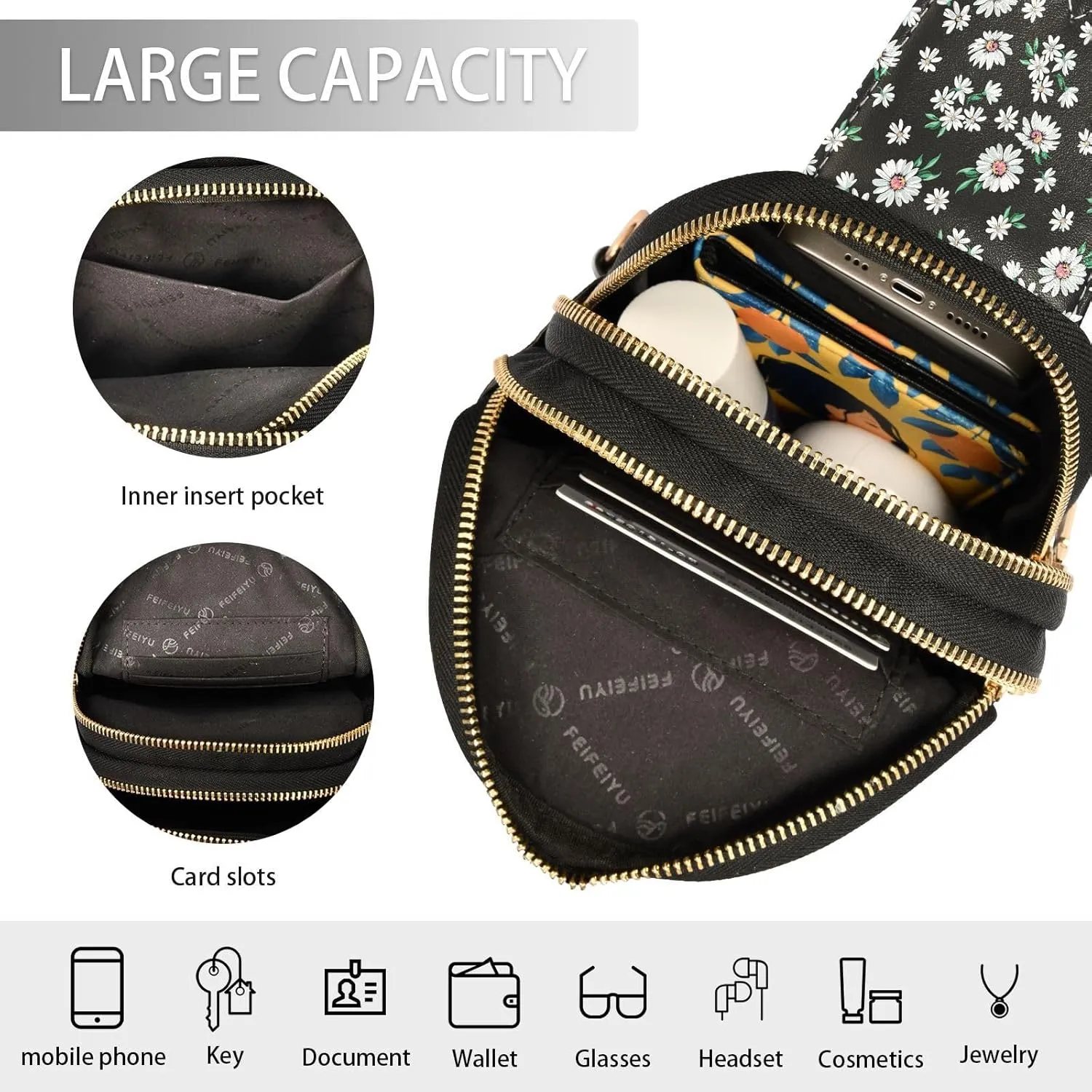 Small Sling Bag for Women Crossbody WIFU Little Daisy Print Trendy Crossbody Bag Fanny Pack with Guitar Strap Leather Chest Bag for Women Travel Running Outdoor Outfit