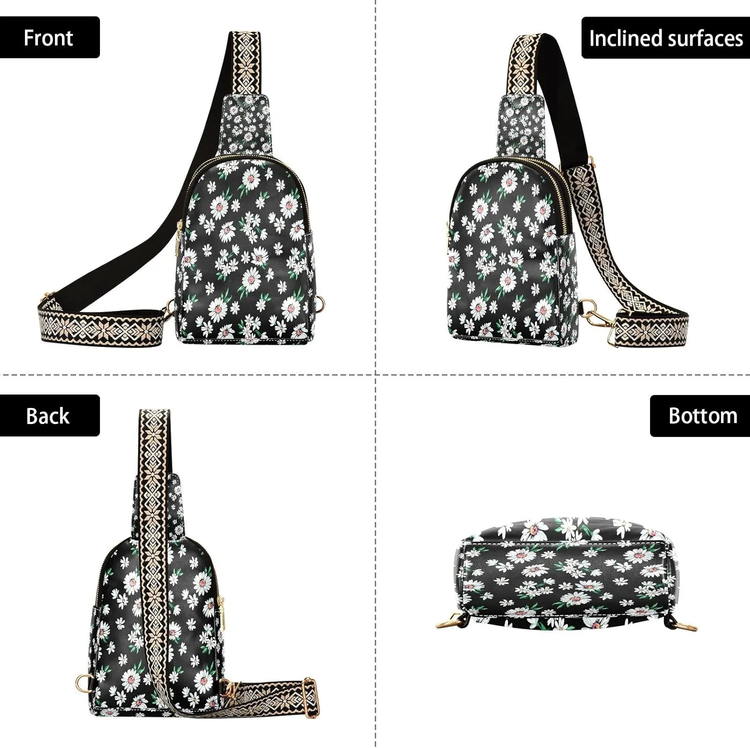 Small Sling Bag for Women Crossbody WIFU Little Daisy Print Trendy Crossbody Bag Fanny Pack with Guitar Strap Leather Chest Bag for Women Travel Running Outdoor Outfit