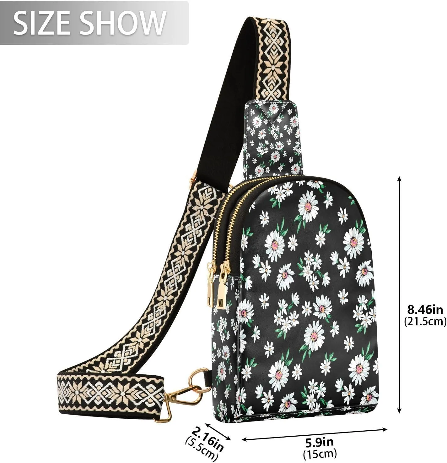 Small Sling Bag for Women Crossbody WIFU Little Daisy Print Trendy Crossbody Bag Fanny Pack with Guitar Strap Leather Chest Bag for Women Travel Running Outdoor Outfit