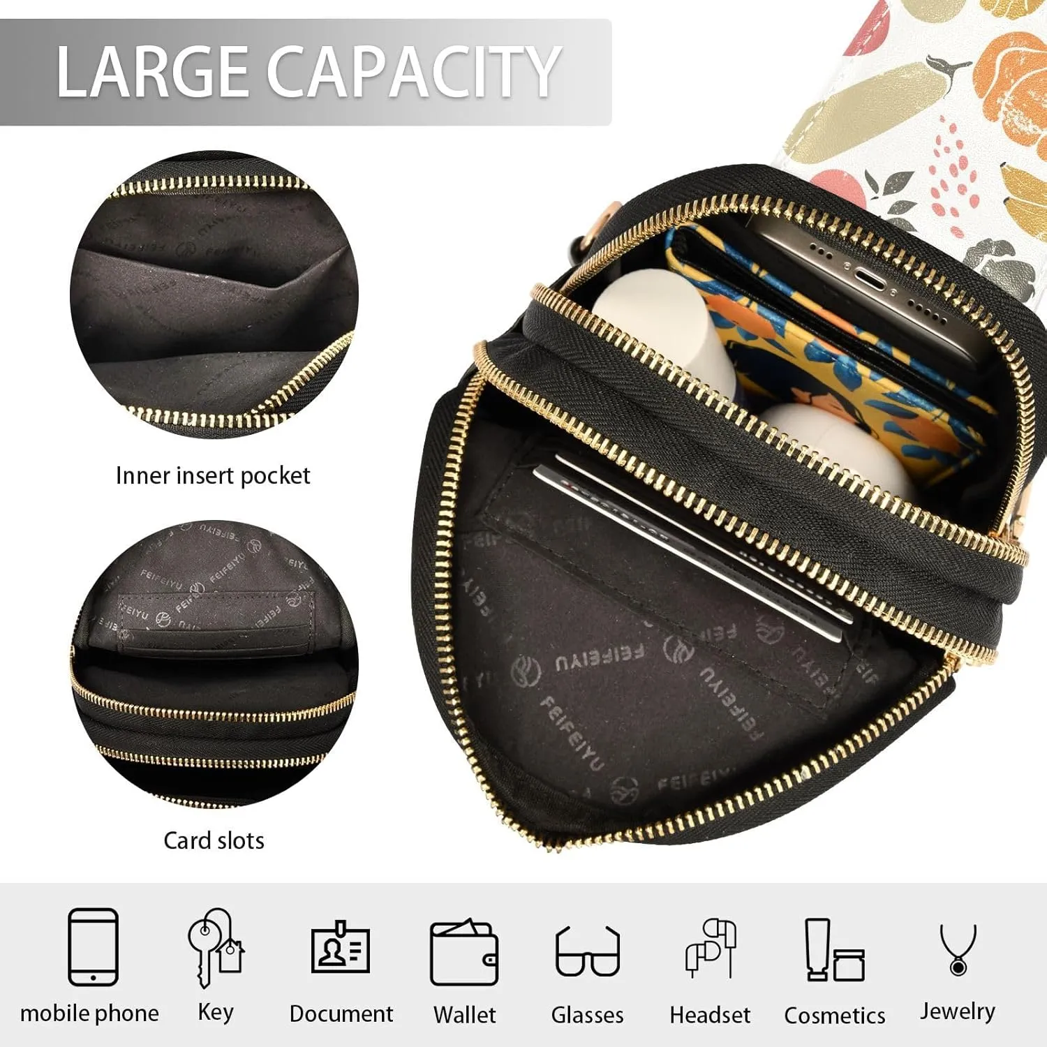 Small Sling Bag for Women Fruits Vegetables Leather Fanny Pack Crossbody Bag Watermelon Banana Pumpkin Chest Bag Trendy Fashion Waist Packs for Outdoor Travel Sports Hiking