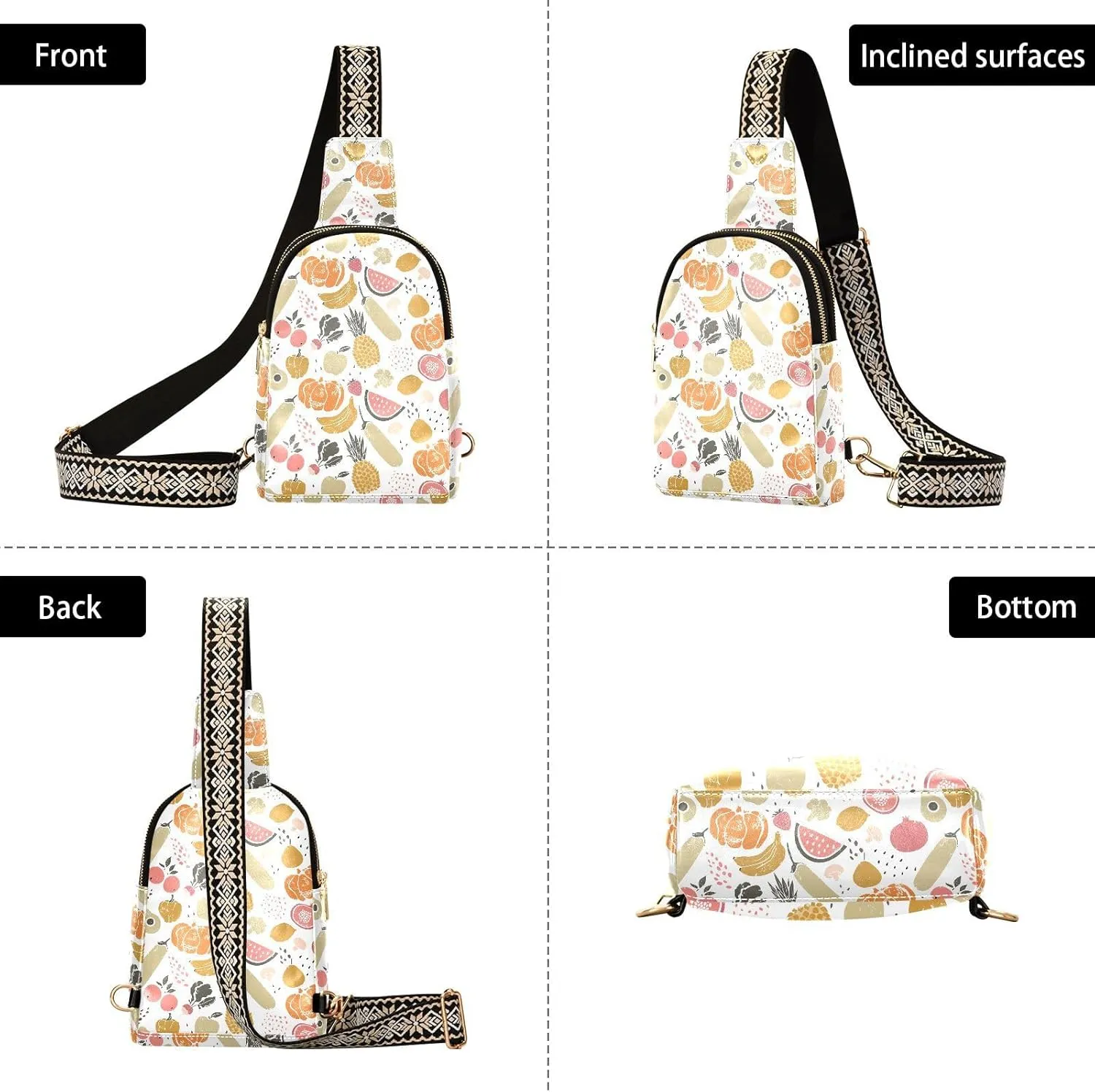 Small Sling Bag for Women Fruits Vegetables Leather Fanny Pack Crossbody Bag Watermelon Banana Pumpkin Chest Bag Trendy Fashion Waist Packs for Outdoor Travel Sports Hiking