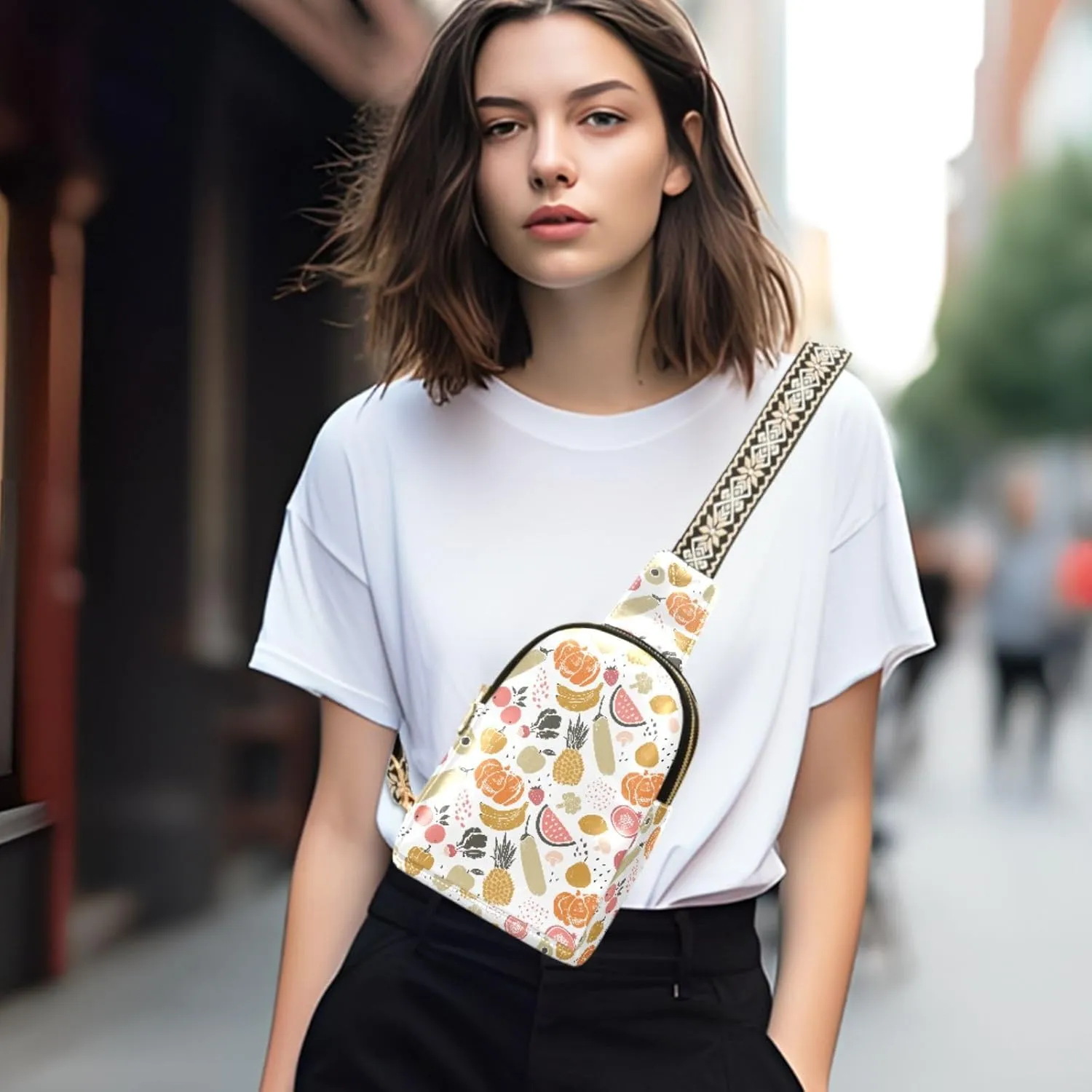 Small Sling Bag for Women Fruits Vegetables Leather Fanny Pack Crossbody Bag Watermelon Banana Pumpkin Chest Bag Trendy Fashion Waist Packs for Outdoor Travel Sports Hiking