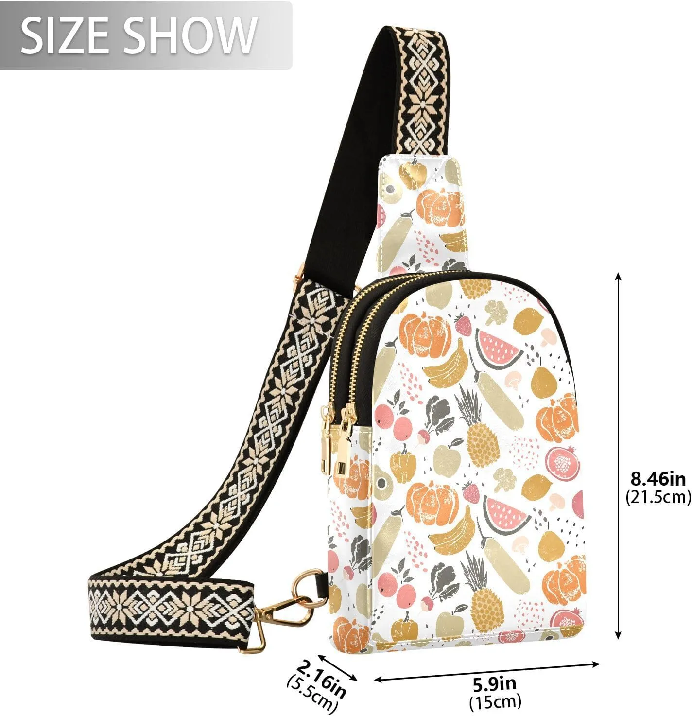 Small Sling Bag for Women Fruits Vegetables Leather Fanny Pack Crossbody Bag Watermelon Banana Pumpkin Chest Bag Trendy Fashion Waist Packs for Outdoor Travel Sports Hiking