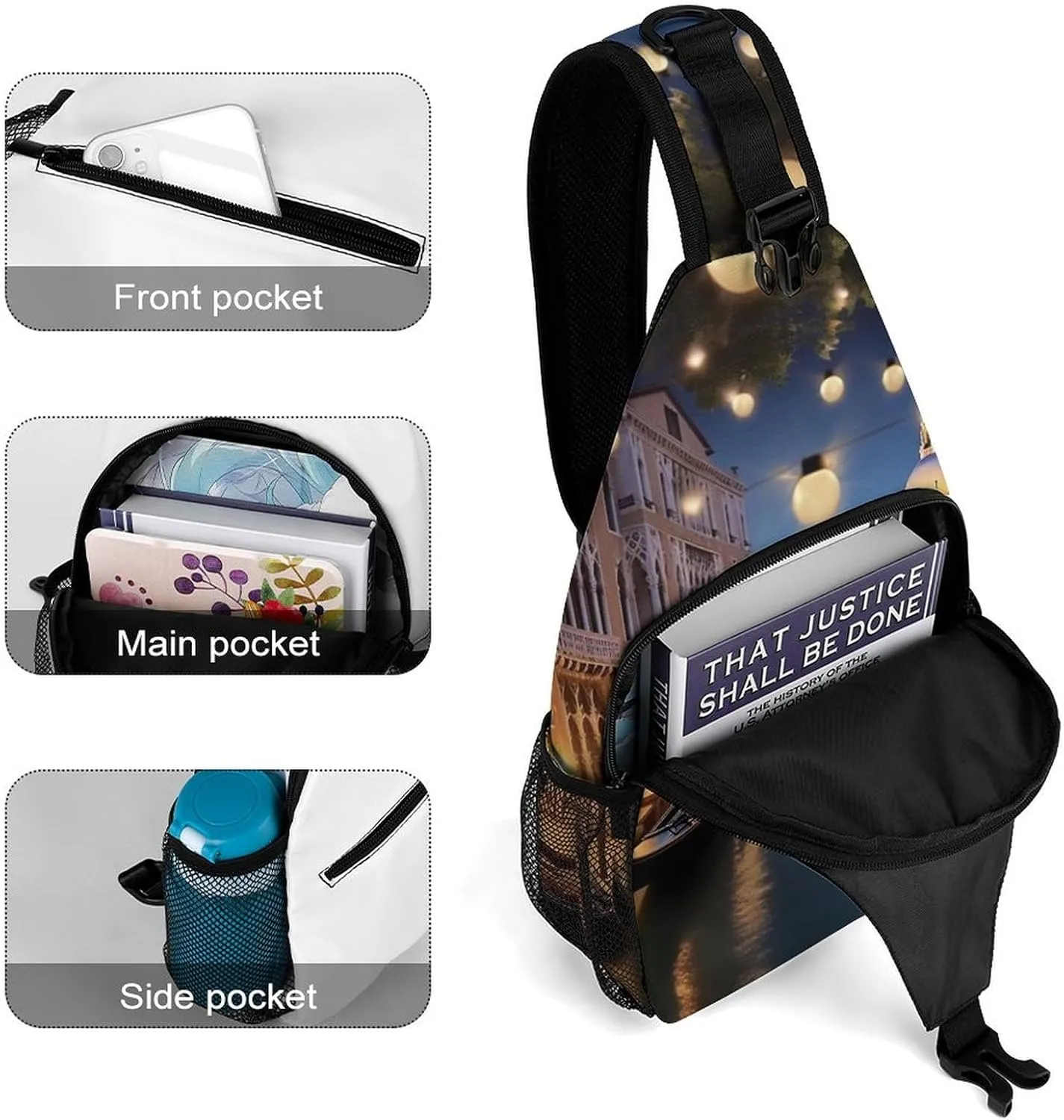 Small Sling Chest Bag Crossbody Bag for Men Women,Beautiful Venice at Night Lightweight Gym Daypack for Travel Cycling Hiking