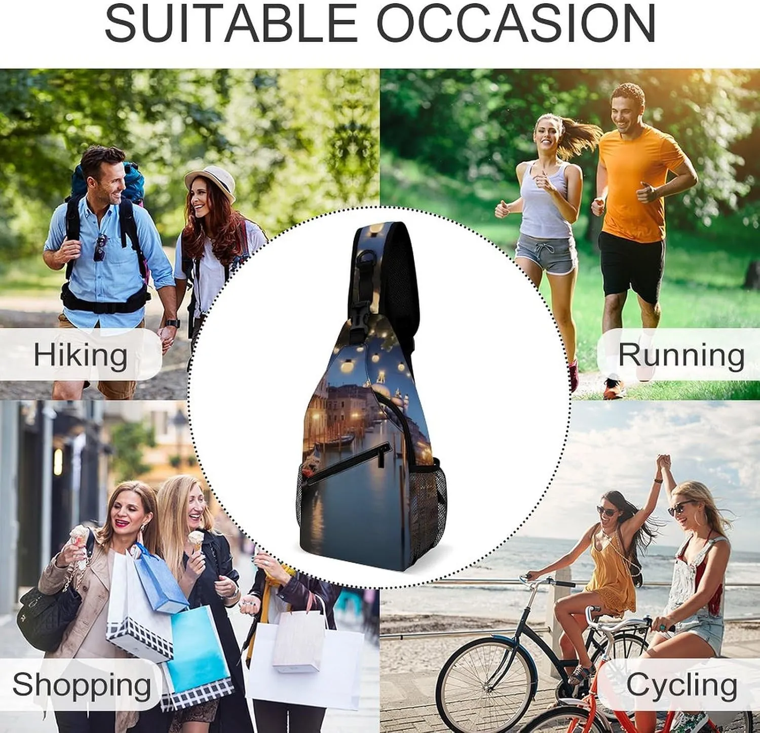 Small Sling Chest Bag Crossbody Bag for Men Women,Beautiful Venice at Night Lightweight Gym Daypack for Travel Cycling Hiking