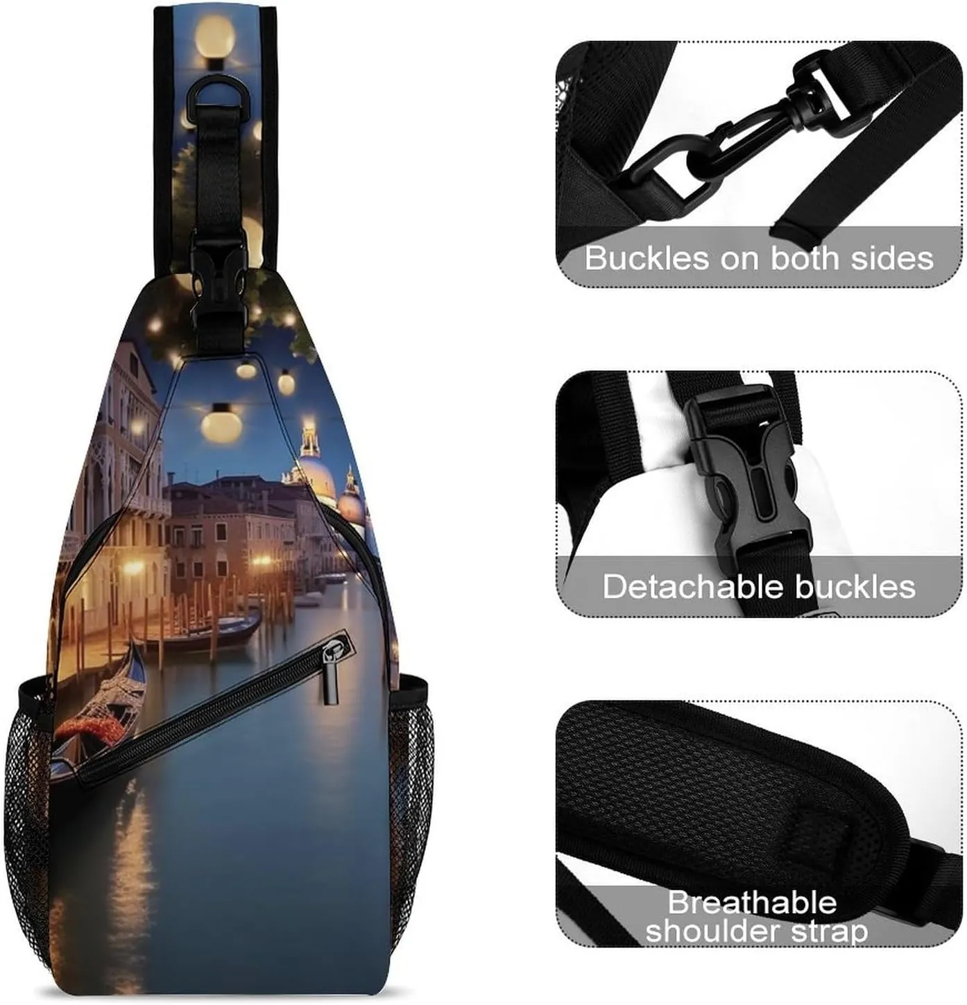 Small Sling Chest Bag Crossbody Bag for Men Women,Beautiful Venice at Night Lightweight Gym Daypack for Travel Cycling Hiking