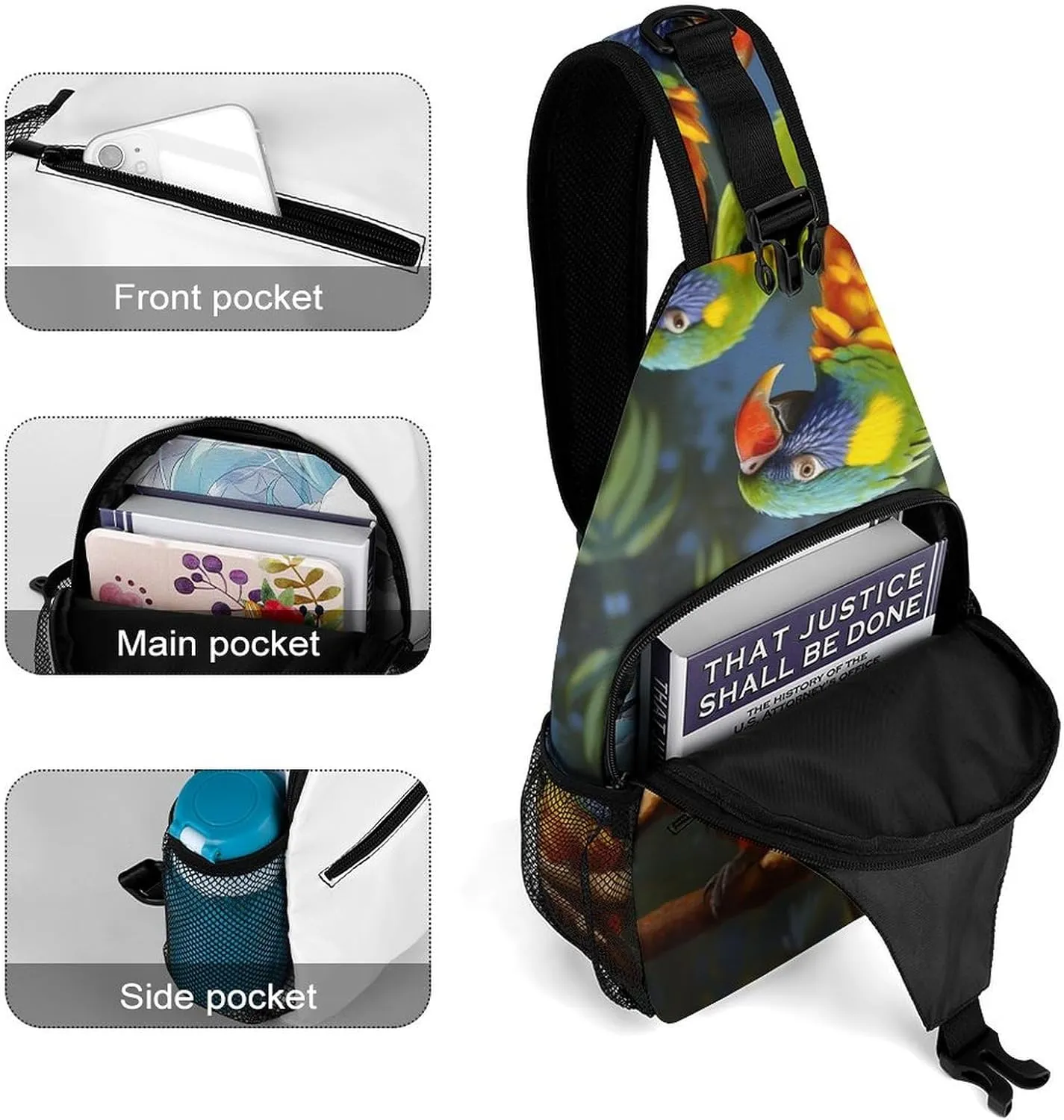 Small Sling Chest Bag Crossbody Bag for Men Women,Bird Parrot Painting Lightweight Gym Daypack for Travel Cycling Hiking