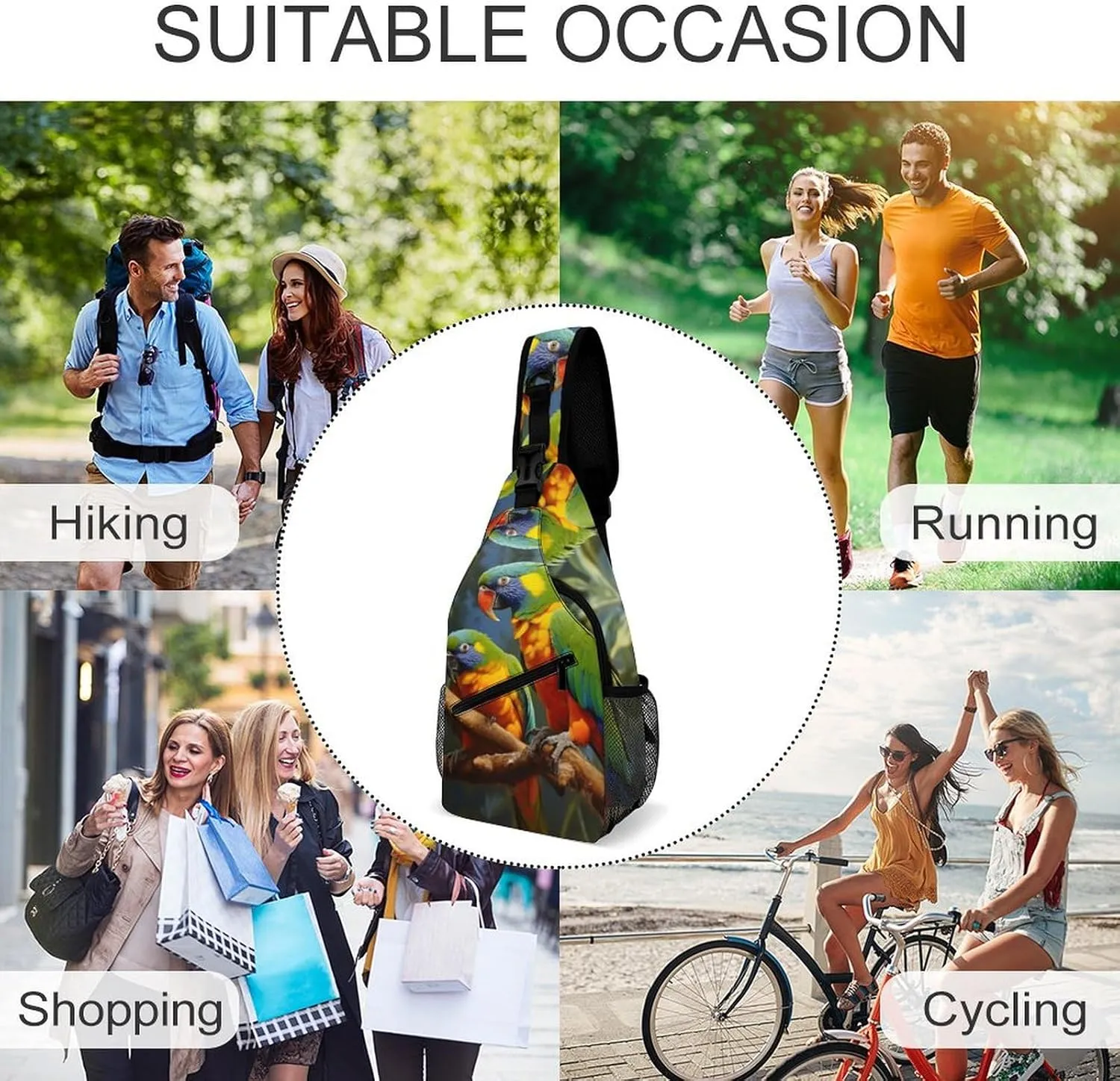 Small Sling Chest Bag Crossbody Bag for Men Women,Bird Parrot Painting Lightweight Gym Daypack for Travel Cycling Hiking