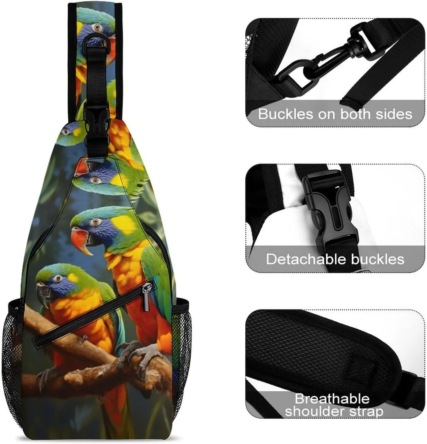 Small Sling Chest Bag Crossbody Bag for Men Women,Bird Parrot Painting Lightweight Gym Daypack for Travel Cycling Hiking