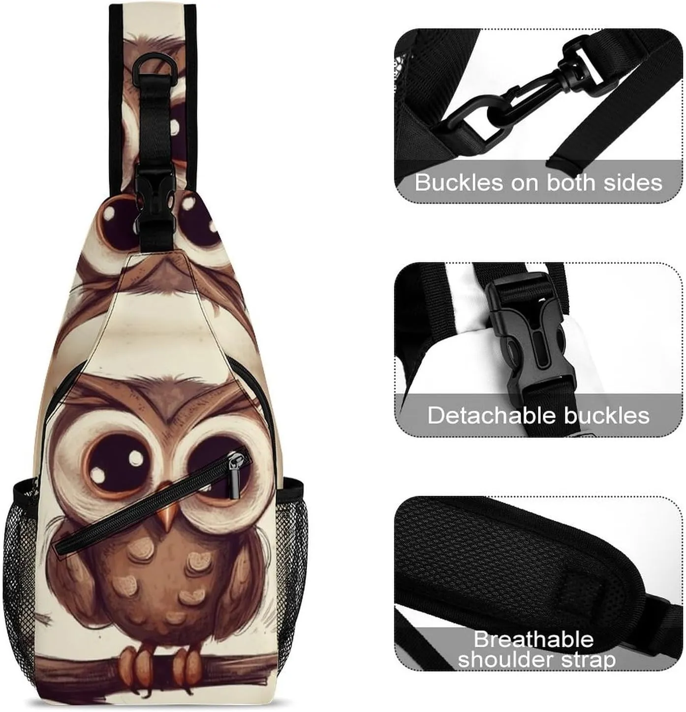 Small Sling Chest Bag Crossbody Bag for Men Women,Cute Owl Lightweight Gym Daypack for Travel Cycling Hiking