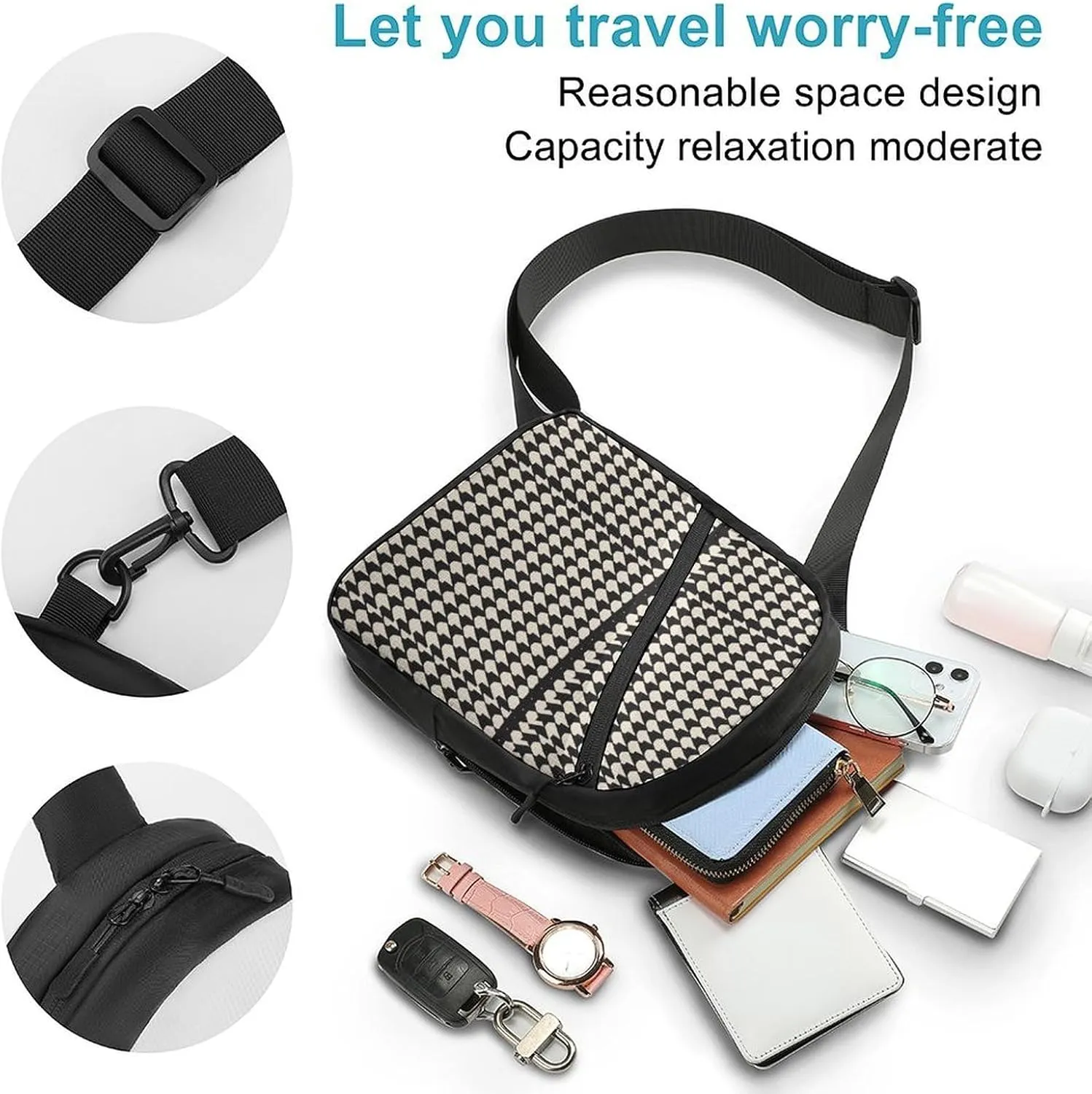 Small Sling Chest Bag Crossbody Bag for Men Women,Gray Houndstooth Stripes Lightweight Gym Daypack for Travel Cycling Hiking