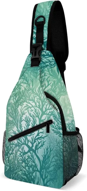 Small Sling Chest Bag Crossbody Bag for Men Women,Green Sea Blue Seaweed Lightweight Gym Daypack for Travel Cycling Hiking