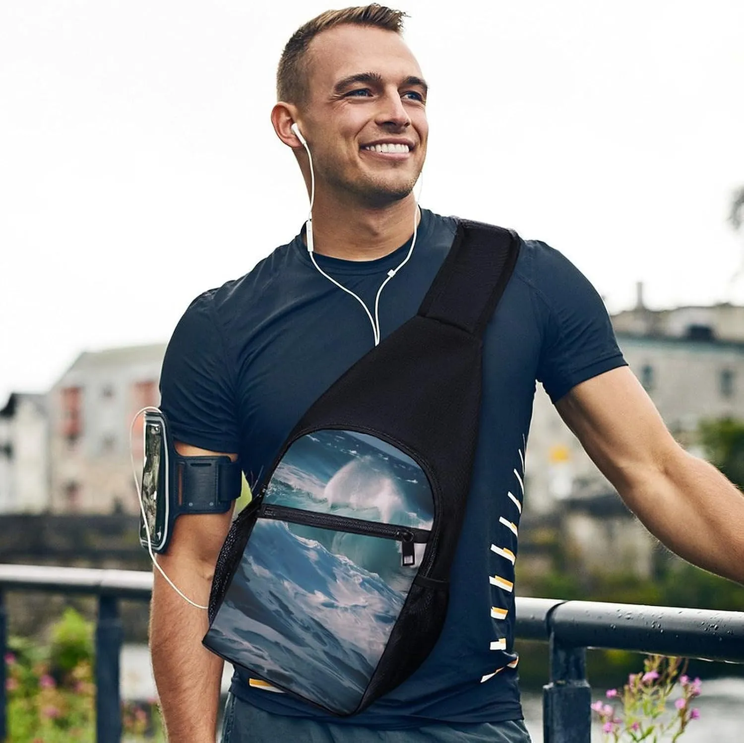 Small Sling Chest Bag Crossbody Bag for Men Women,Ocean Waves Lightweight Gym Daypack for Travel Cycling Hiking