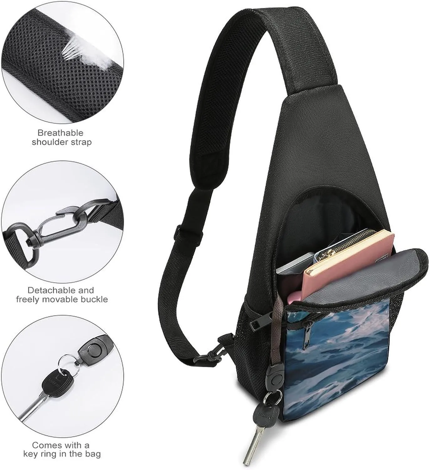 Small Sling Chest Bag Crossbody Bag for Men Women,Ocean Waves Lightweight Gym Daypack for Travel Cycling Hiking