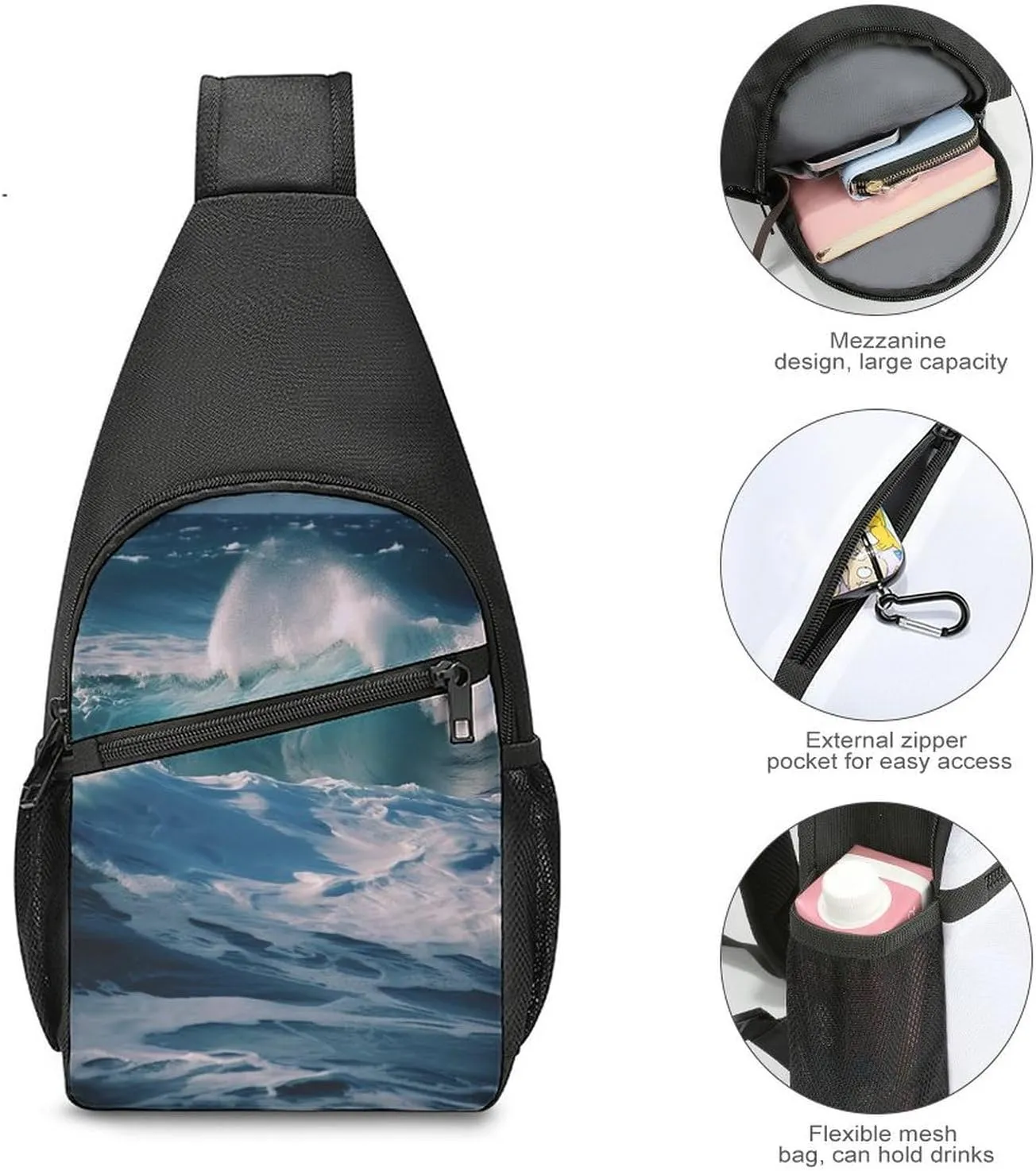 Small Sling Chest Bag Crossbody Bag for Men Women,Ocean Waves Lightweight Gym Daypack for Travel Cycling Hiking