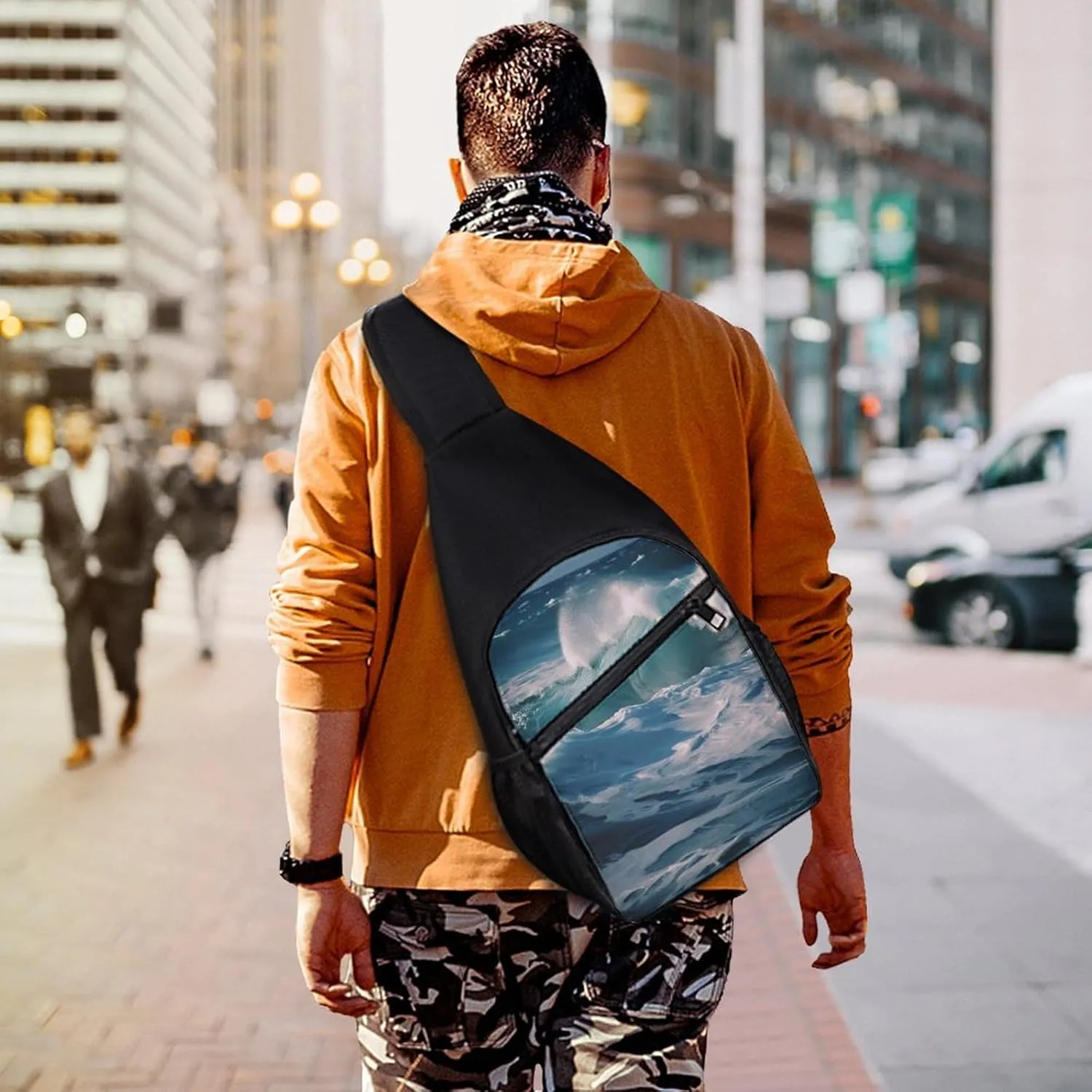 Small Sling Chest Bag Crossbody Bag for Men Women,Ocean Waves Lightweight Gym Daypack for Travel Cycling Hiking