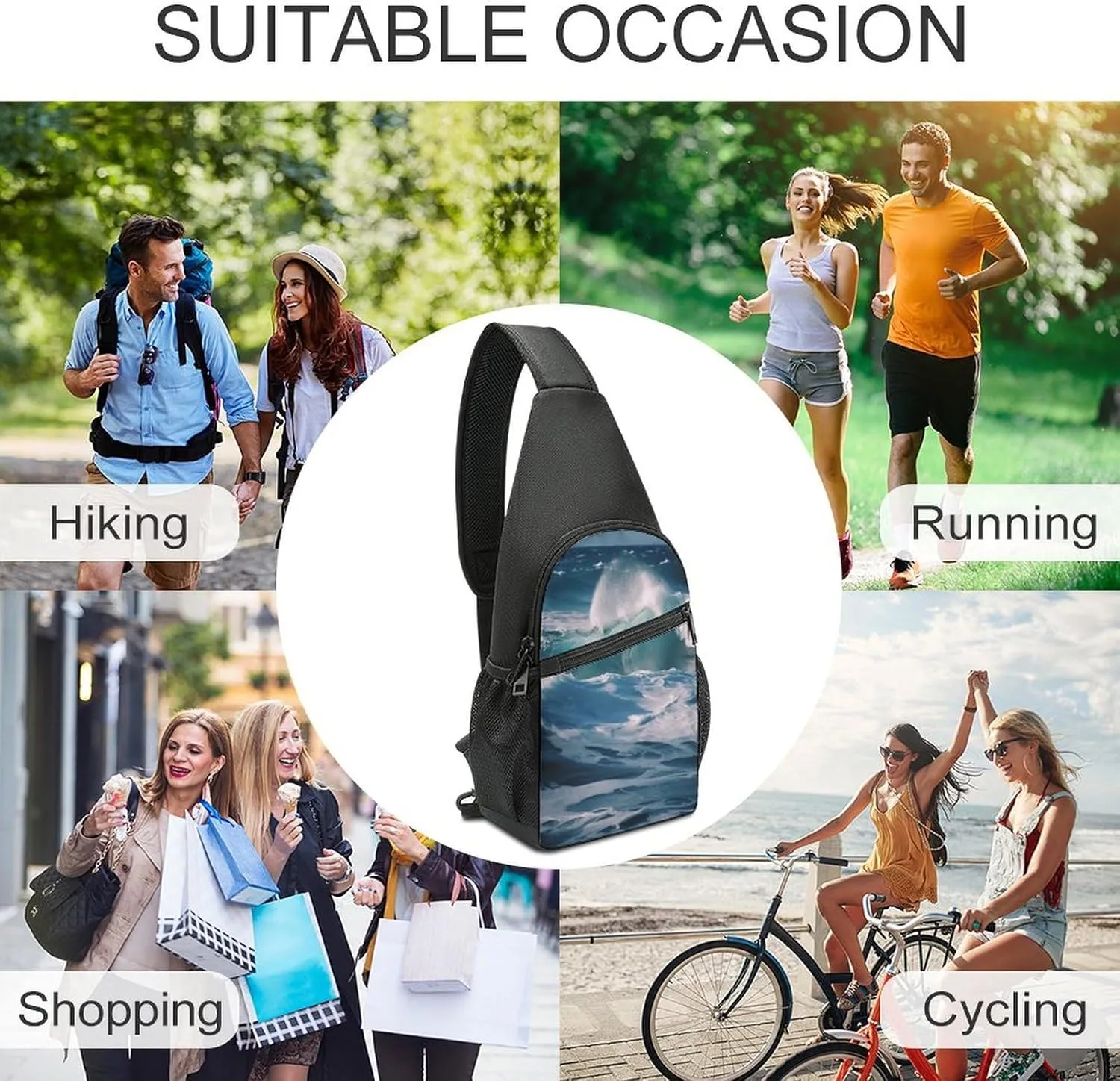Small Sling Chest Bag Crossbody Bag for Men Women,Ocean Waves Lightweight Gym Daypack for Travel Cycling Hiking