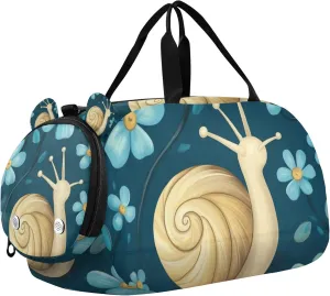 Snail and Light Blue Flowers Sports Duffle Bag for Teens Girls Boys, Gym Bag with Shoe Compartment, Kids Travel Overnight Weekender Shoulder Bag