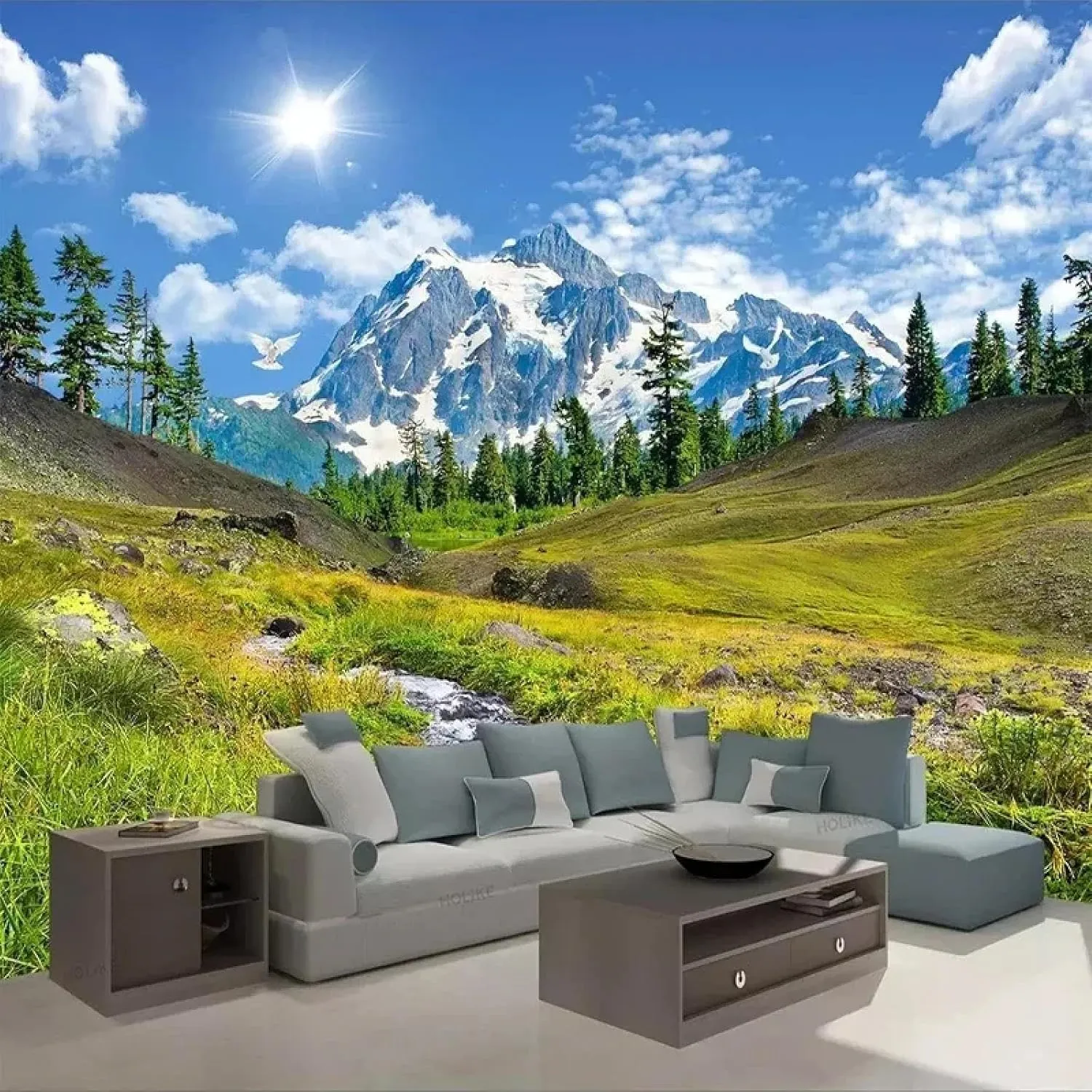 Snow Mountain Plateau Grassland Blue Sky White Cloud Scenery 3D (Tear and Stick) Mural Bedroom Photo Wallpaper Suitable for Living Room Home Office Decoration