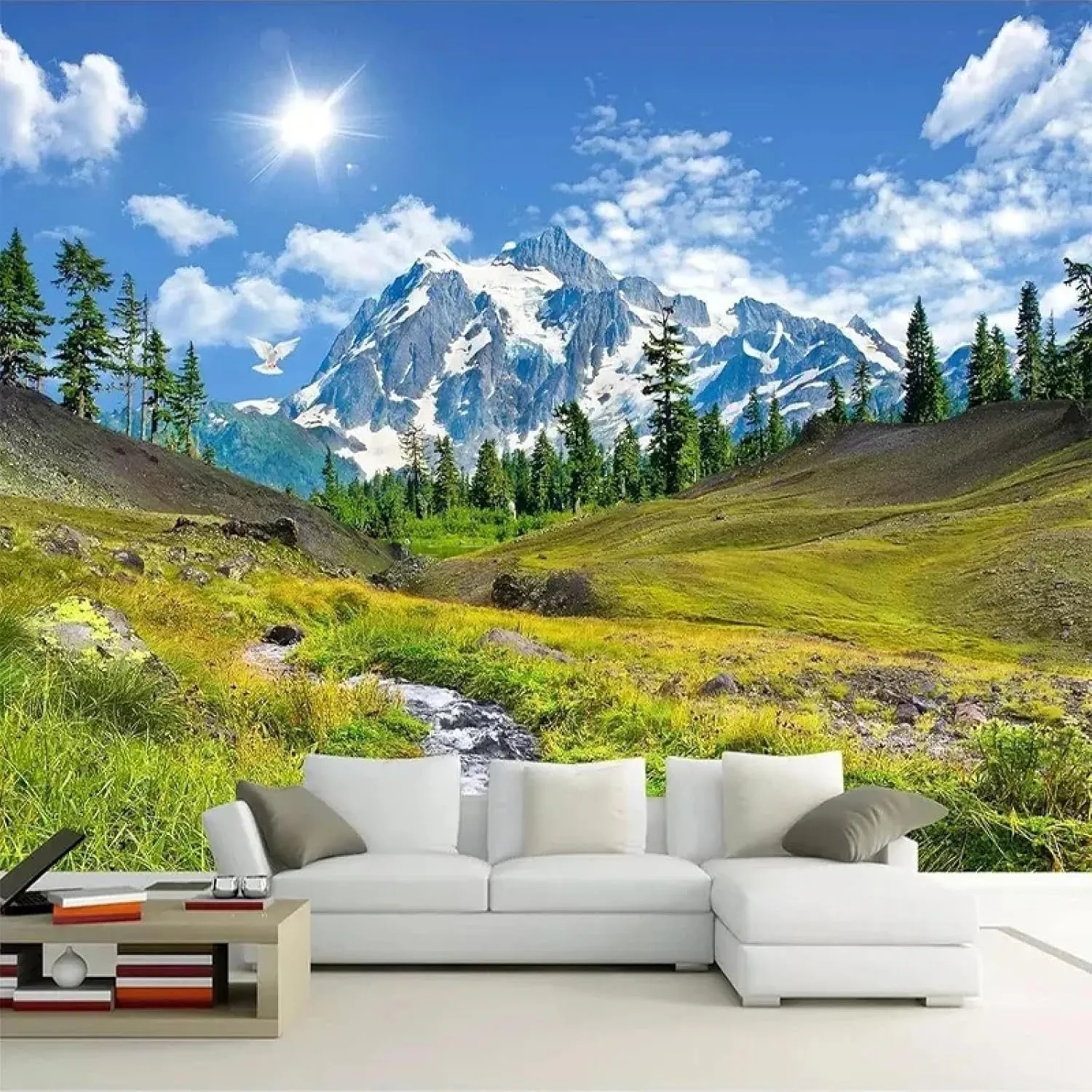 Snow Mountain Plateau Grassland Blue Sky White Cloud Scenery 3D (Tear and Stick) Mural Bedroom Photo Wallpaper Suitable for Living Room Home Office Decoration