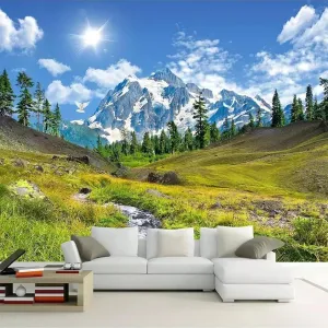 Snow Mountain Plateau Grassland Blue Sky White Cloud Scenery 3D (Tear and Stick) Mural Bedroom Photo Wallpaper Suitable for Living Room Home Office Decoration