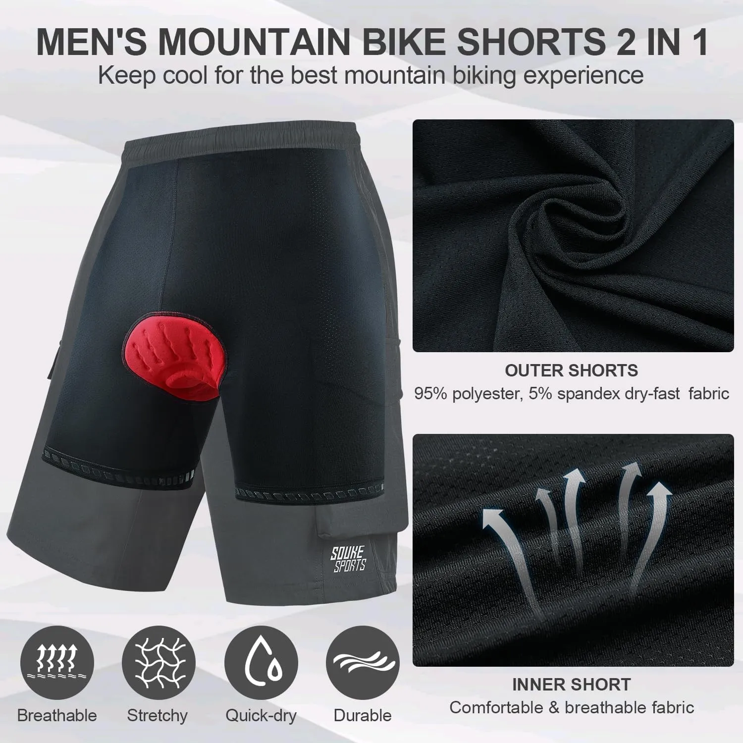 Souke Sports Men's Mountain Bike Shorts 4D Padded MTB Cycling Shorts Loose-fit Lightweight Bicycle Shorts