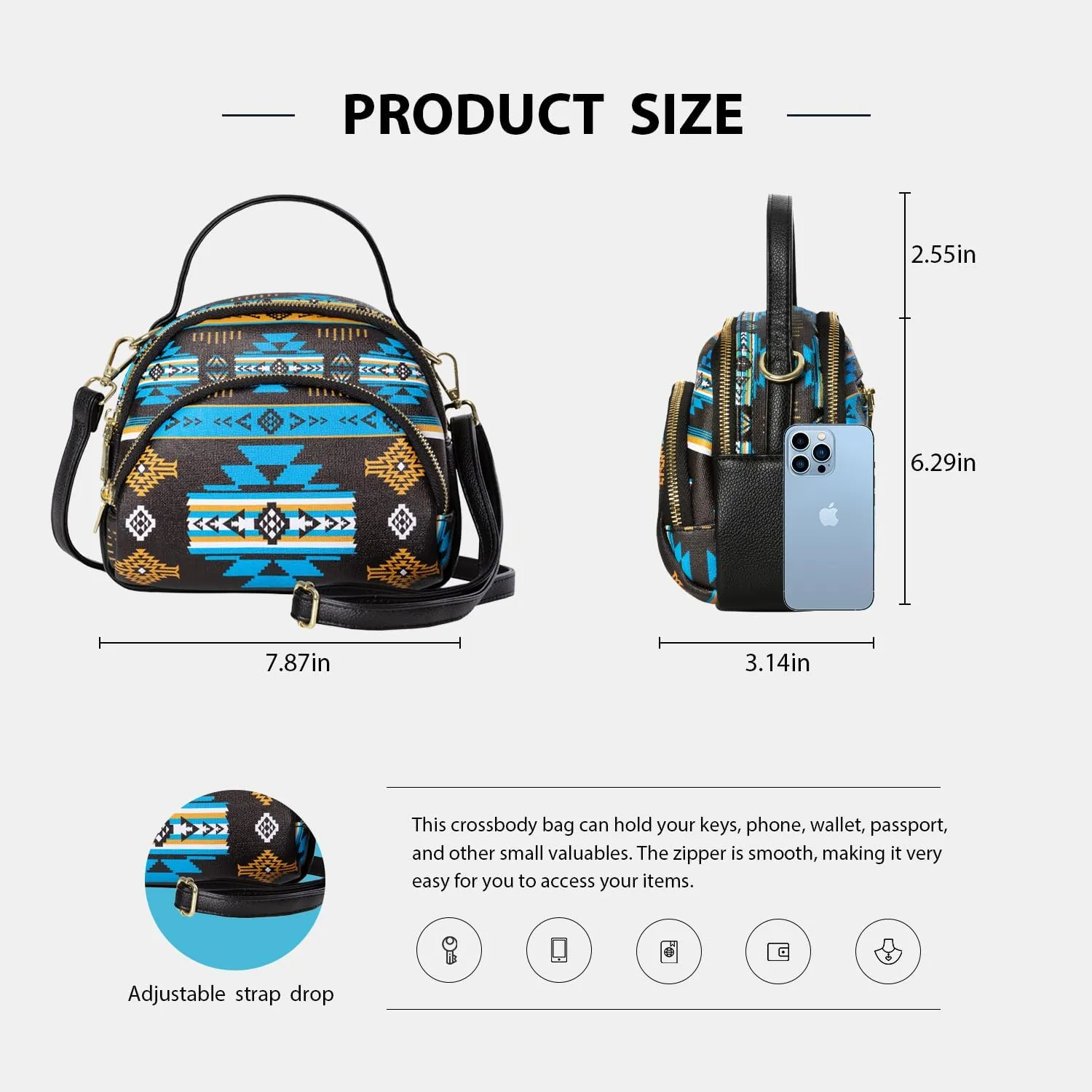 Southwest Crossbody Bags For Women, Handbags, Shoulder Bag, Purse, Pu Leather, With Adjustable Strap