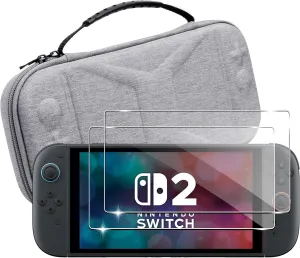 Storage Case for NS Switch 2 for (2025) case Cover,Grey Hard Shell Portable,Handbag with 2 Pack Tempered Films 2 in 1