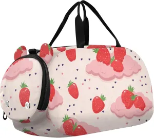 Strawberries on The Clouds Sports Duffle Bag for Girls Boys Kids, Gym Bag with Shoe Compartment, Kids Travel Overnight Weekender Shoulder Bag