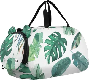 Summer Green Tropical Leaves Pattern Gym Travel Duffel Bag with Shoe Compartment for Boys Girls - Gymnastics Sports Dance Football Travel Bag Teens Weekender Sleepover