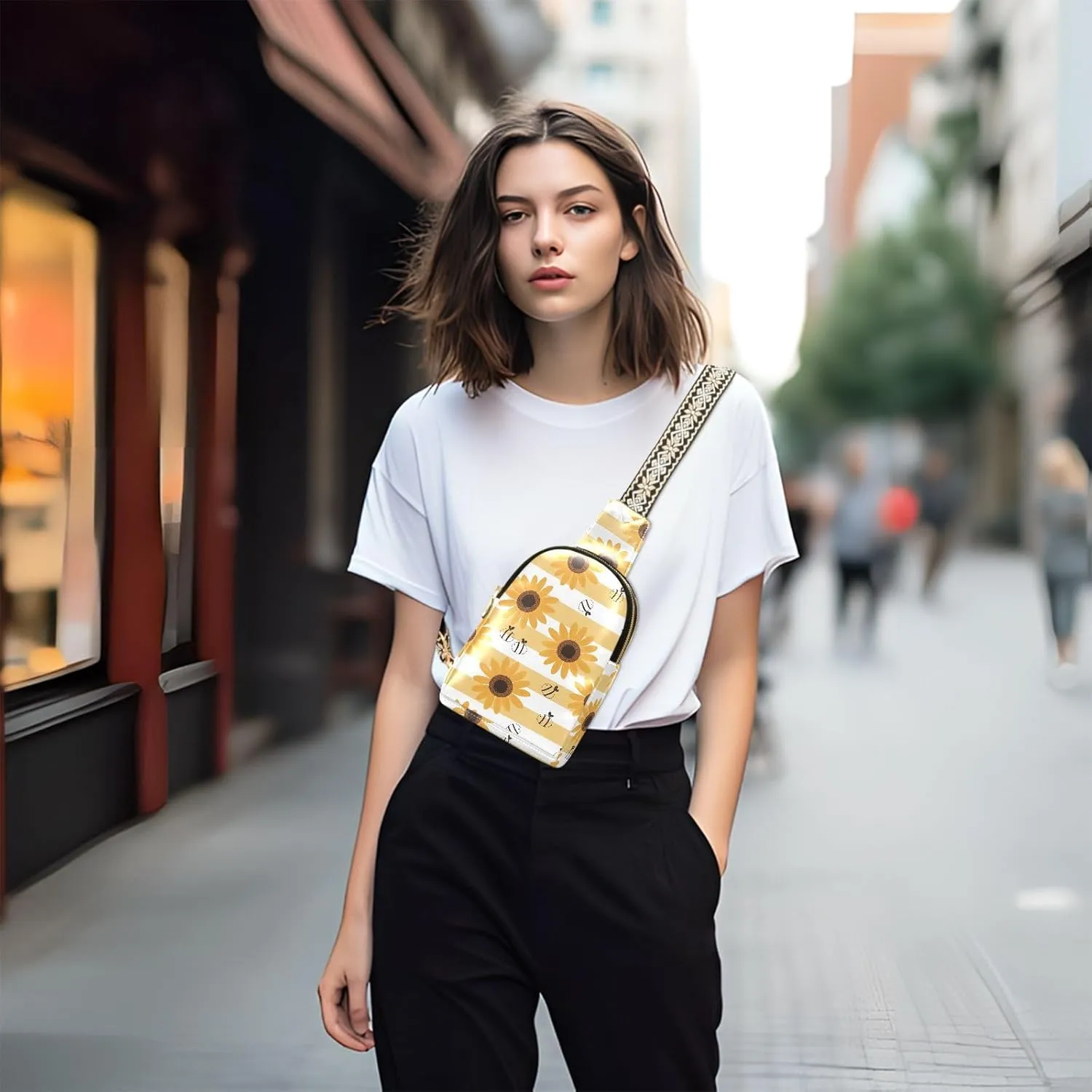 Sunflower Bee Trendy Crossbody Bag Fashion Waist Packs Yellow Cross Body Leather Chest Bag for Women Fanny Pack Travel Outdoor Crossbody Phone Bag
