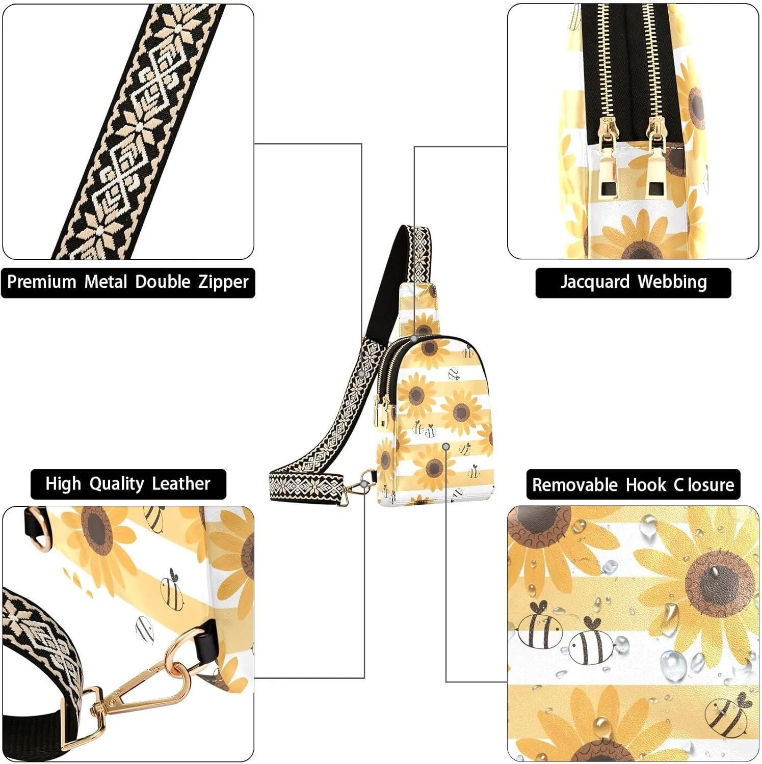Sunflower Bee Trendy Crossbody Bag Fashion Waist Packs Yellow Cross Body Leather Chest Bag for Women Fanny Pack Travel Outdoor Crossbody Phone Bag