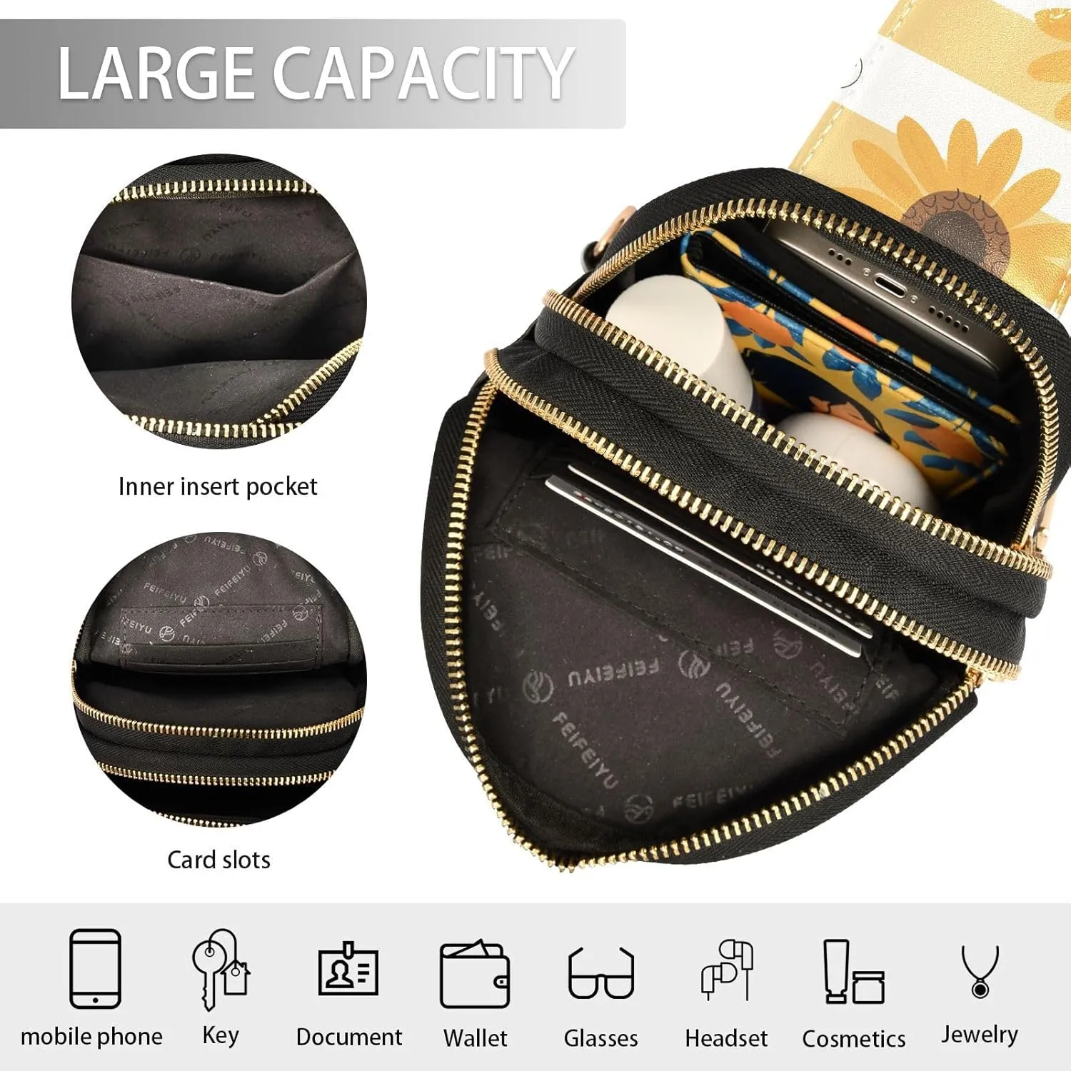 Sunflower Bee Trendy Crossbody Bag Fashion Waist Packs Yellow Cross Body Leather Chest Bag for Women Fanny Pack Travel Outdoor Crossbody Phone Bag