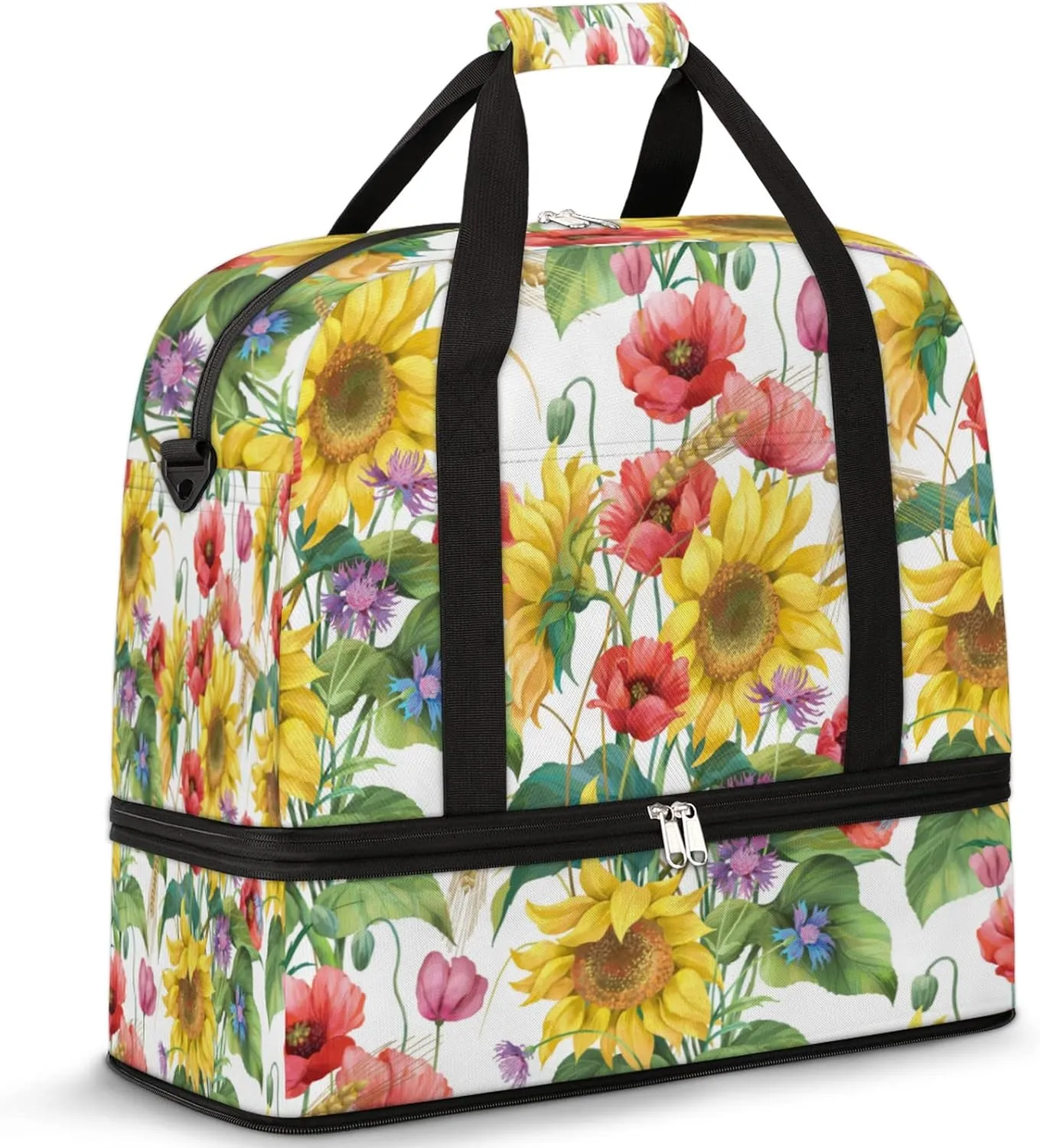 Sunflower Cornflower Ears Poppy Flowers Foldable Travel Duffel Bag Tote Carry on Luggage Sport Duffle for Women Men Gym Bag Overnight Weekender Bags with Shoe Compartments and Shoulder Strap