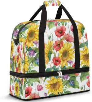 Sunflower Cornflower Ears Poppy Flowers Foldable Travel Duffel Bag Tote Carry on Luggage Sport Duffle for Women Men Gym Bag Overnight Weekender Bags with Shoe Compartments and Shoulder Strap