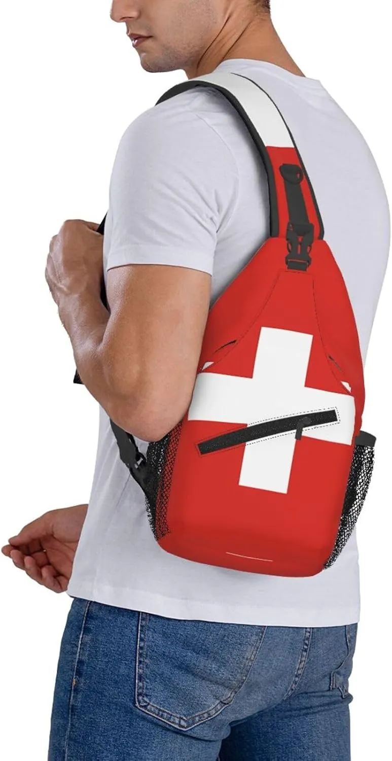 Switzerland Swiss Flag Crossbody Bags Sling Backpack Cross Chest Bag Sports Shoulder Bag Gym Fanny Pack Adjustable Cycling Daypack Diagonally Rucksack for Running