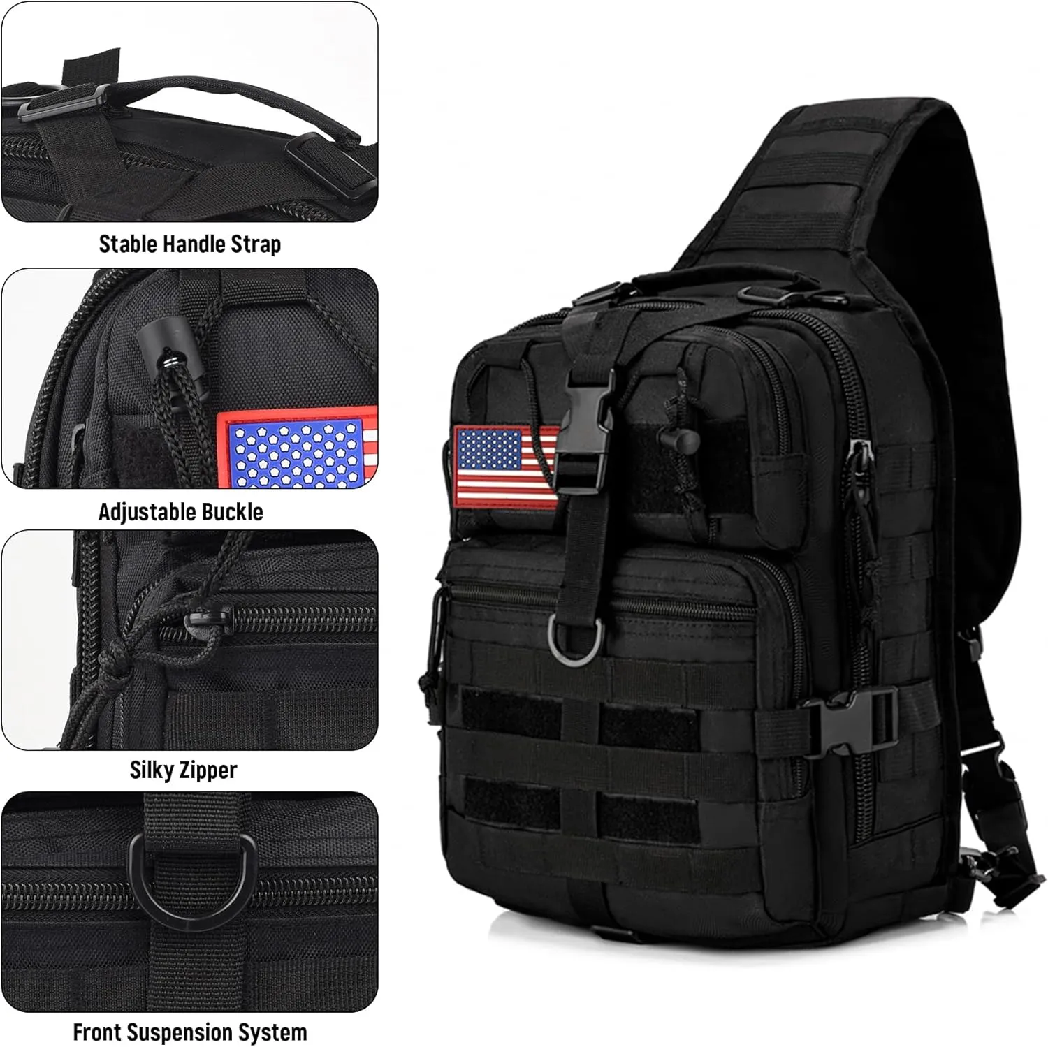 Tactical Sling Bag Backpack, Military Rover Shoulder Sling Pack, EDC Molle Assault Range Bag, Crossbody Chest Bag for Men (Black)