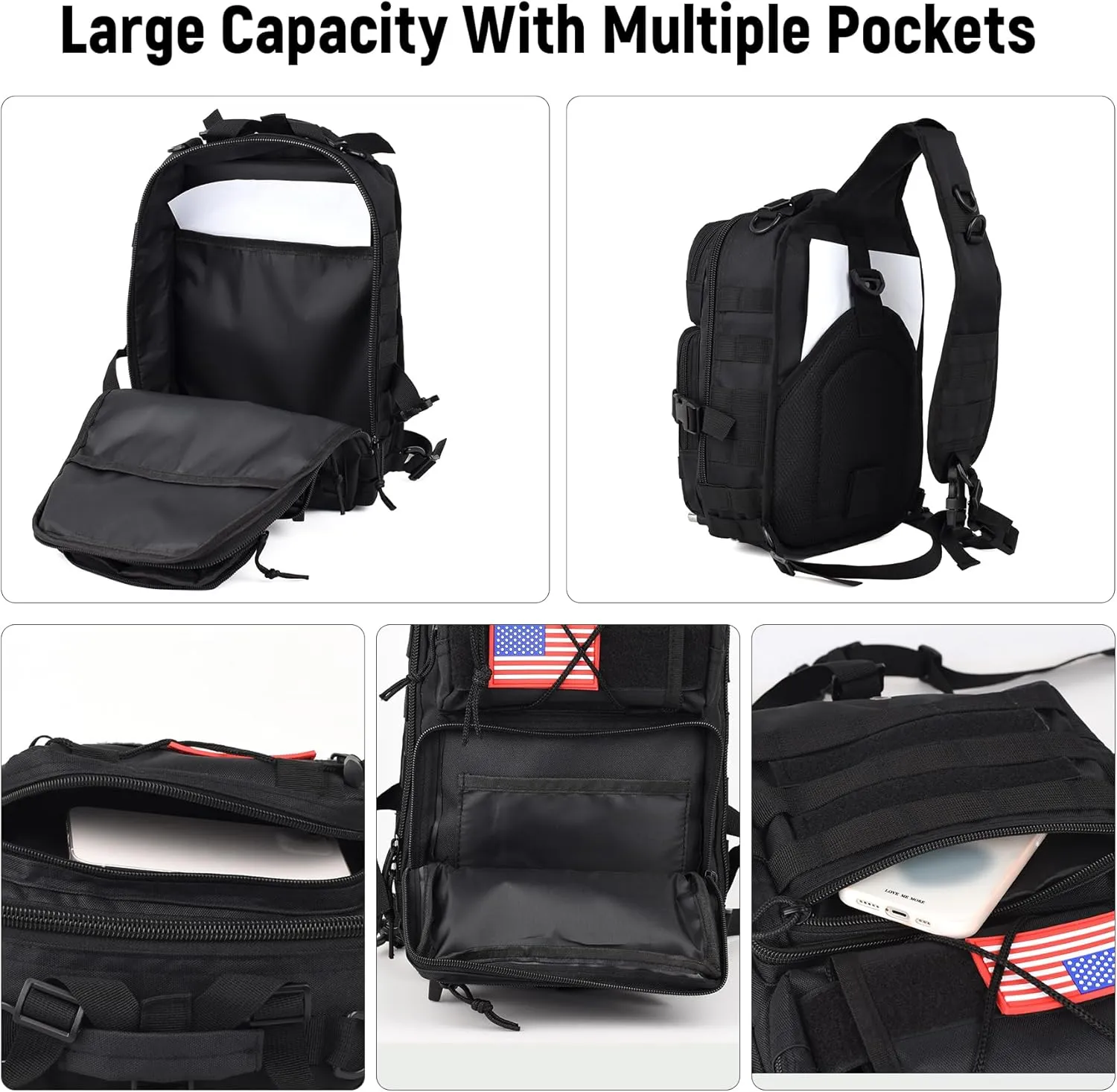 Tactical Sling Bag Backpack, Military Rover Shoulder Sling Pack, EDC Molle Assault Range Bag, Crossbody Chest Bag for Men (Black)