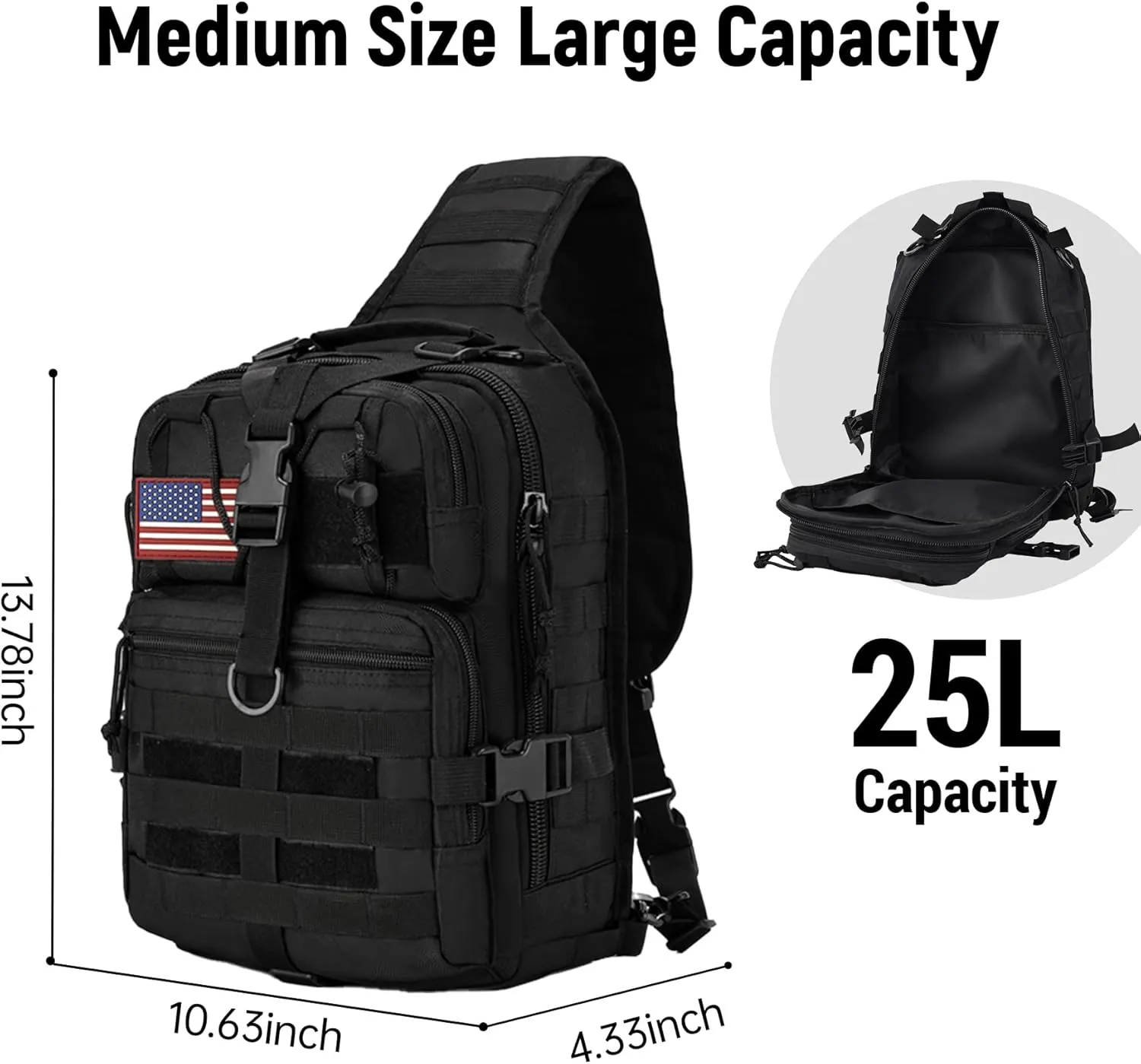 Tactical Sling Bag Backpack, Military Rover Shoulder Sling Pack, EDC Molle Assault Range Bag, Crossbody Chest Bag for Men (Black)