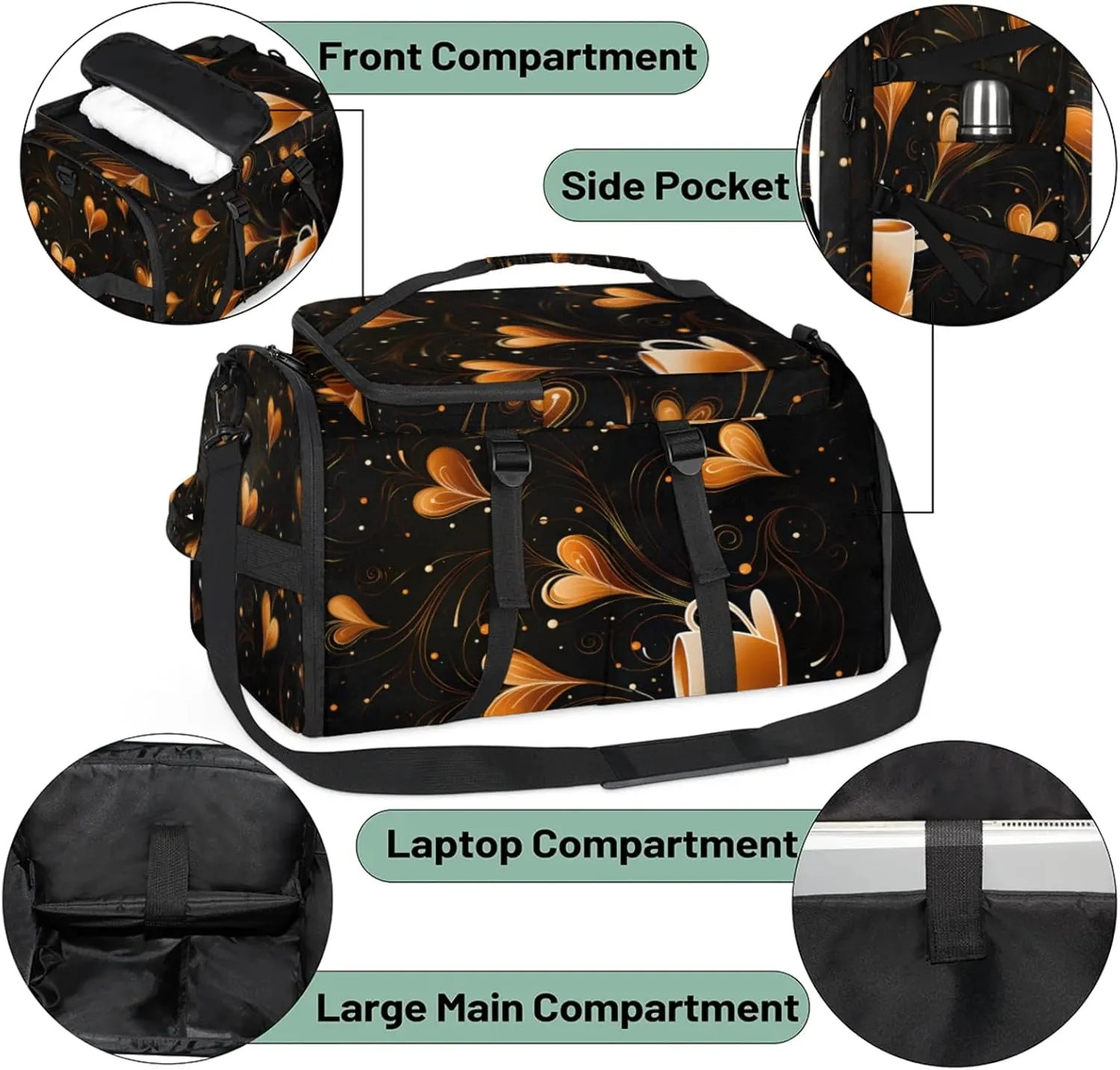 Tactical Sports Duffle Bag for Travel Waterproof Gym Bag with Shoe Compartment 48L Carry On Luggage for Men & Women 3-in-1 Durable Travel Luggage Funny Coffee Time